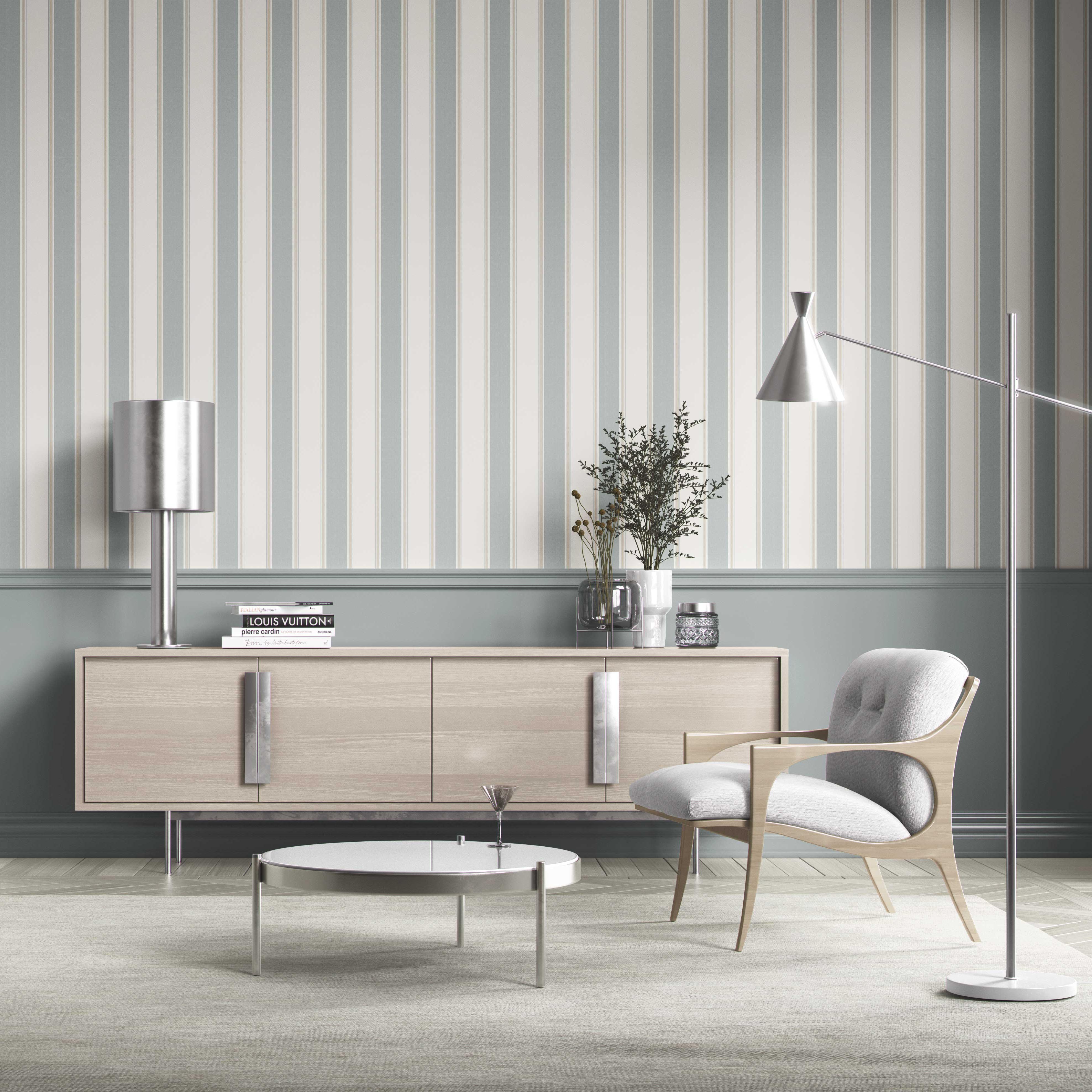 Geometric Striped Shower Toilet Wallpaper (Mint Green/ Gray)