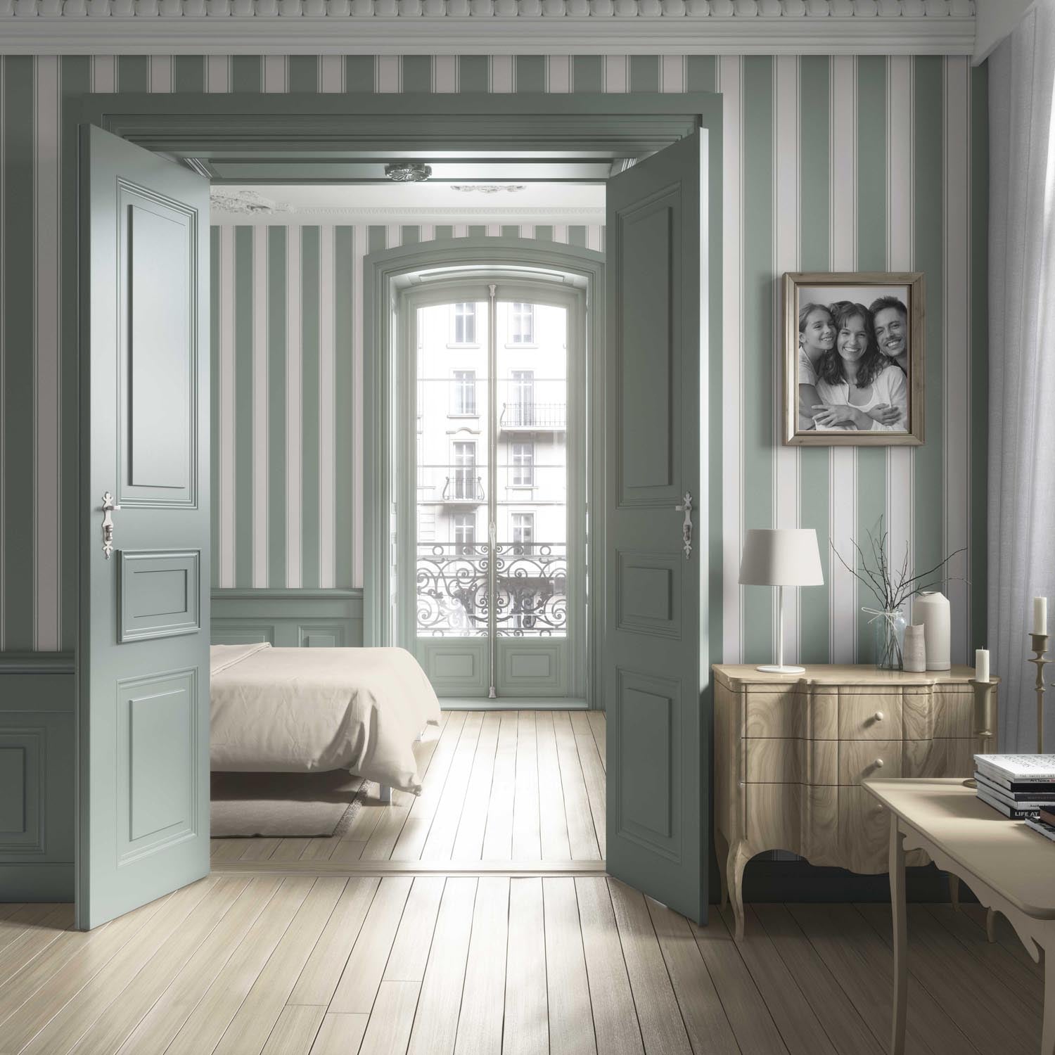 Geometric Striped Living Room Wallpaper Sample (Sage Green/ Gray)