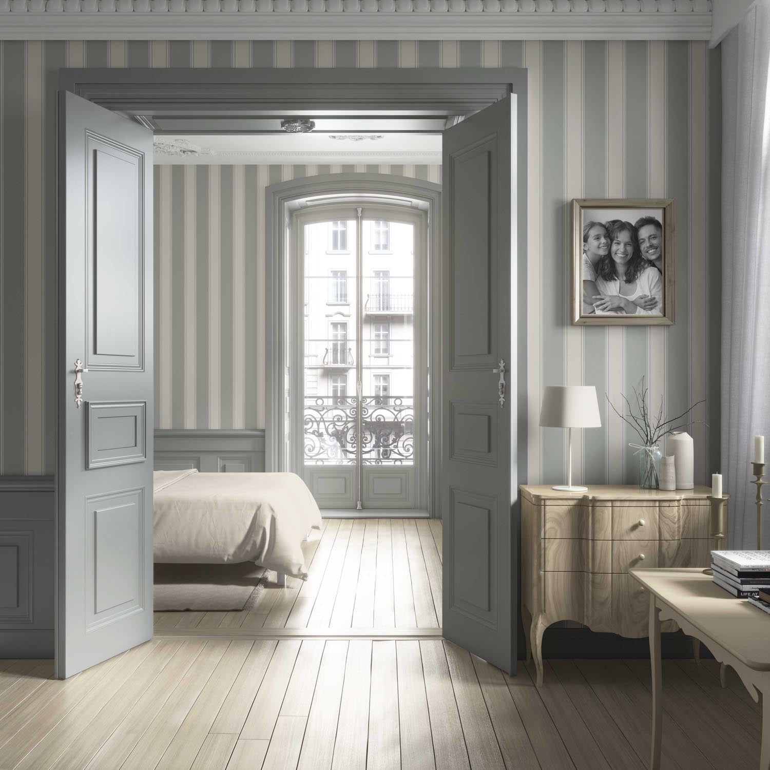 Neutral Geometric Striped Living Room Wallpaper (Sage Gray)