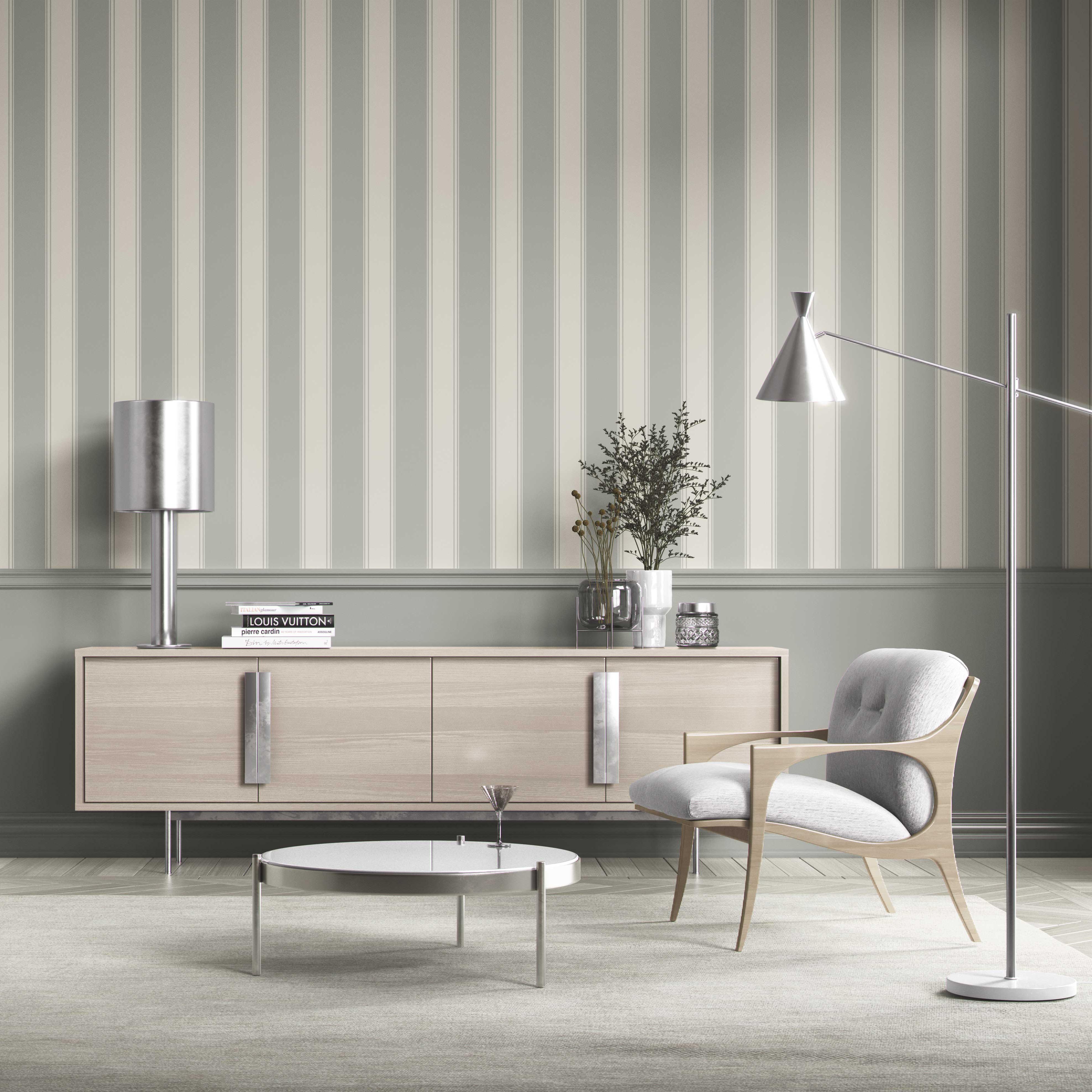 Neutral Geometric Striped Kitchen Wallpaper Sample (Sage Gray)