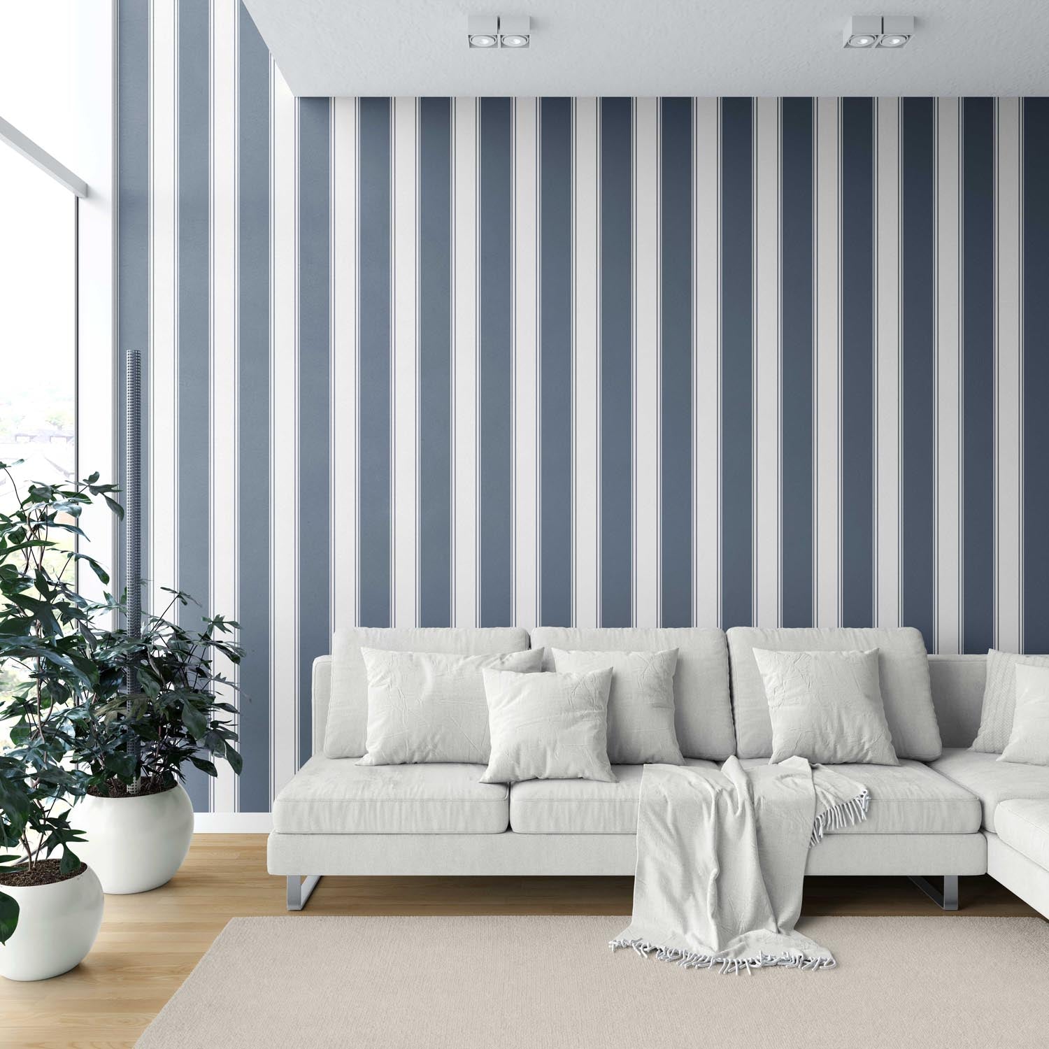 Geometric Striped Kitchen Wallpaper Sample (Navy Blue)