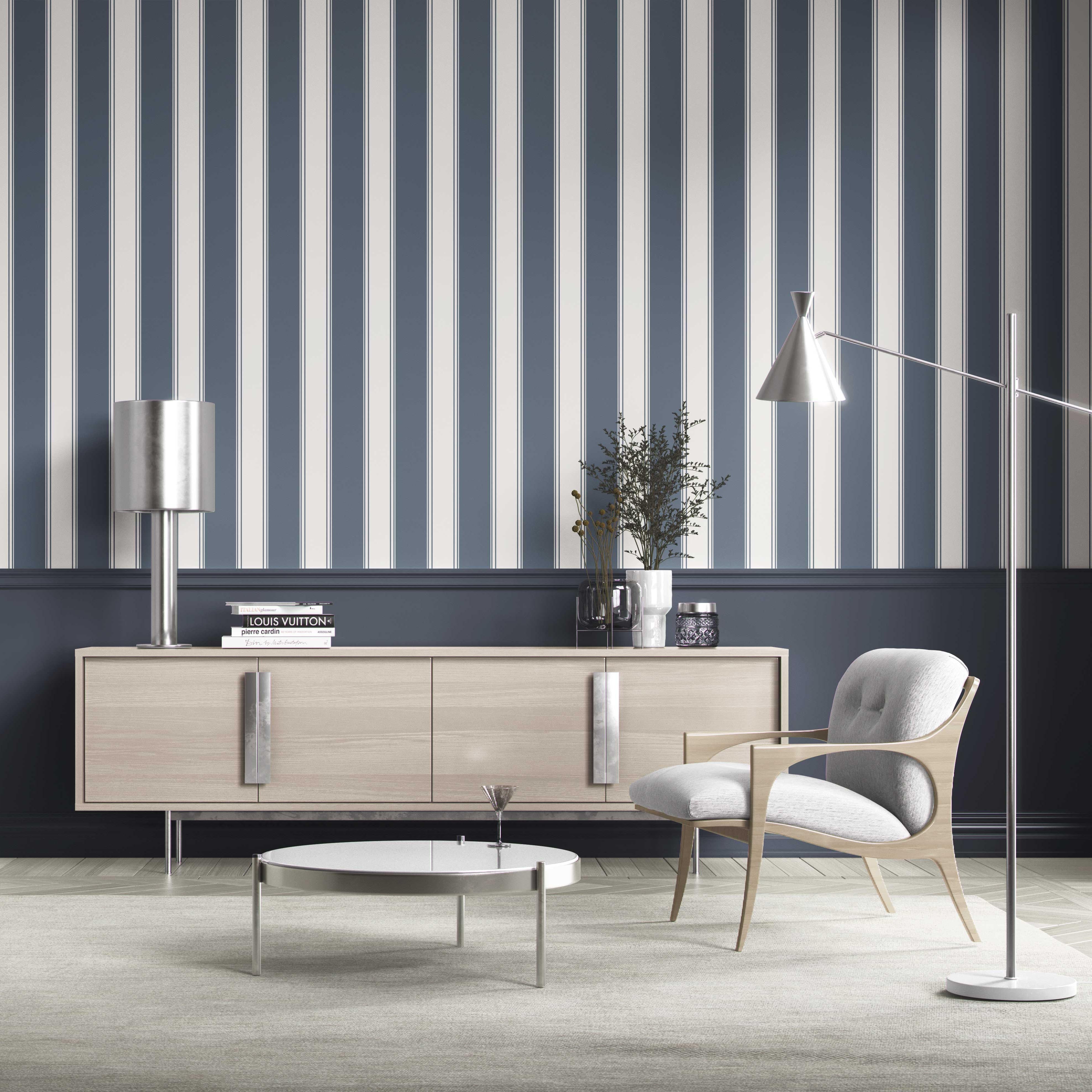 Geometric Striped Shower Toilet Wallpaper Sample (Navy Blue)