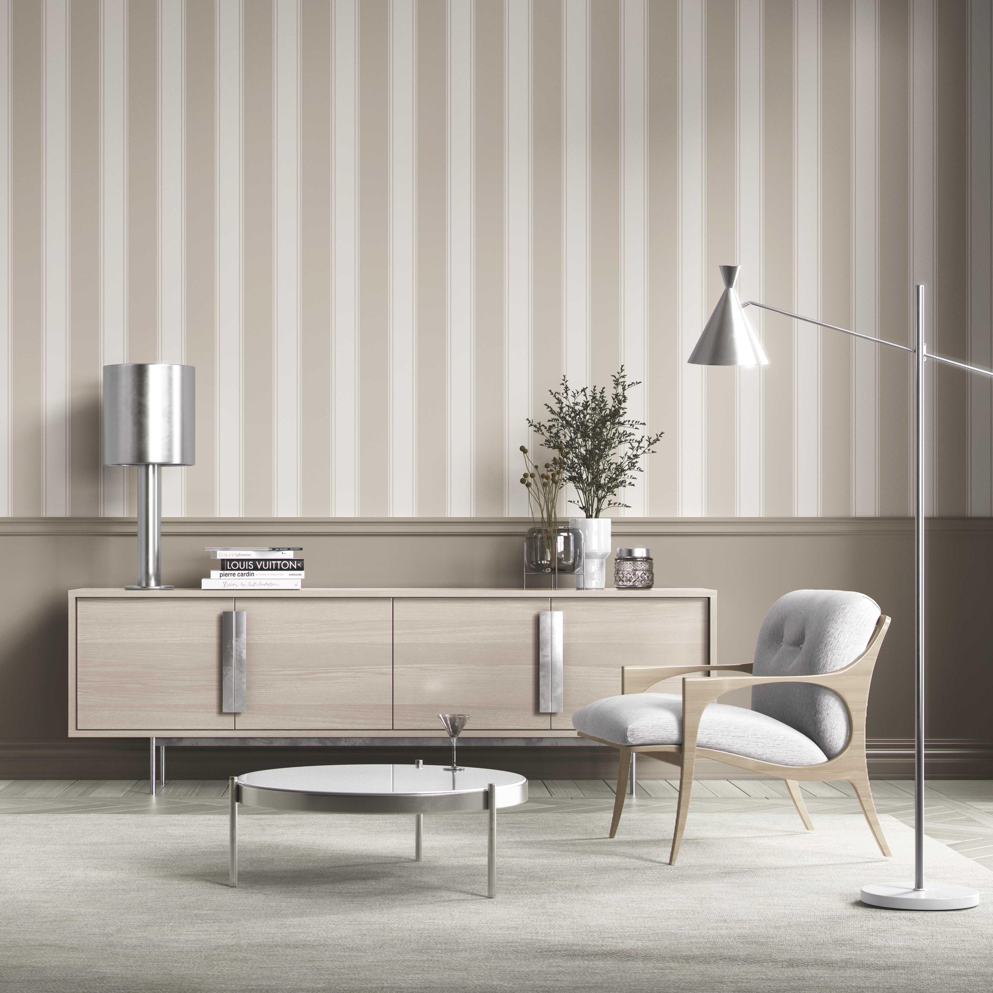 Neutral Geometric Striped Kitchen Wallpaper Sample (Greige/ Taupe/ Warm Gray)