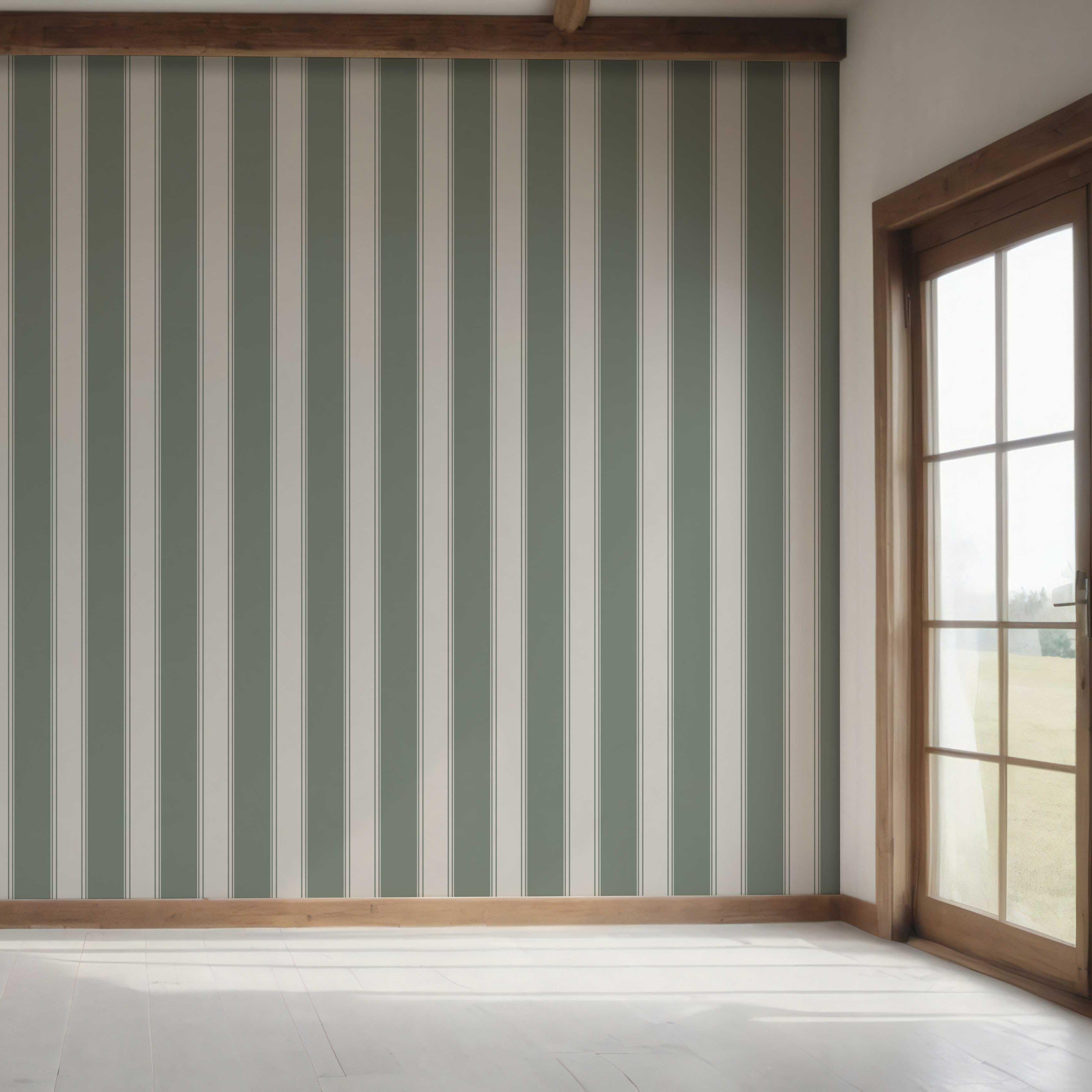 Geometric Striped Bedroom Wallpaper Sample (Sage Green)