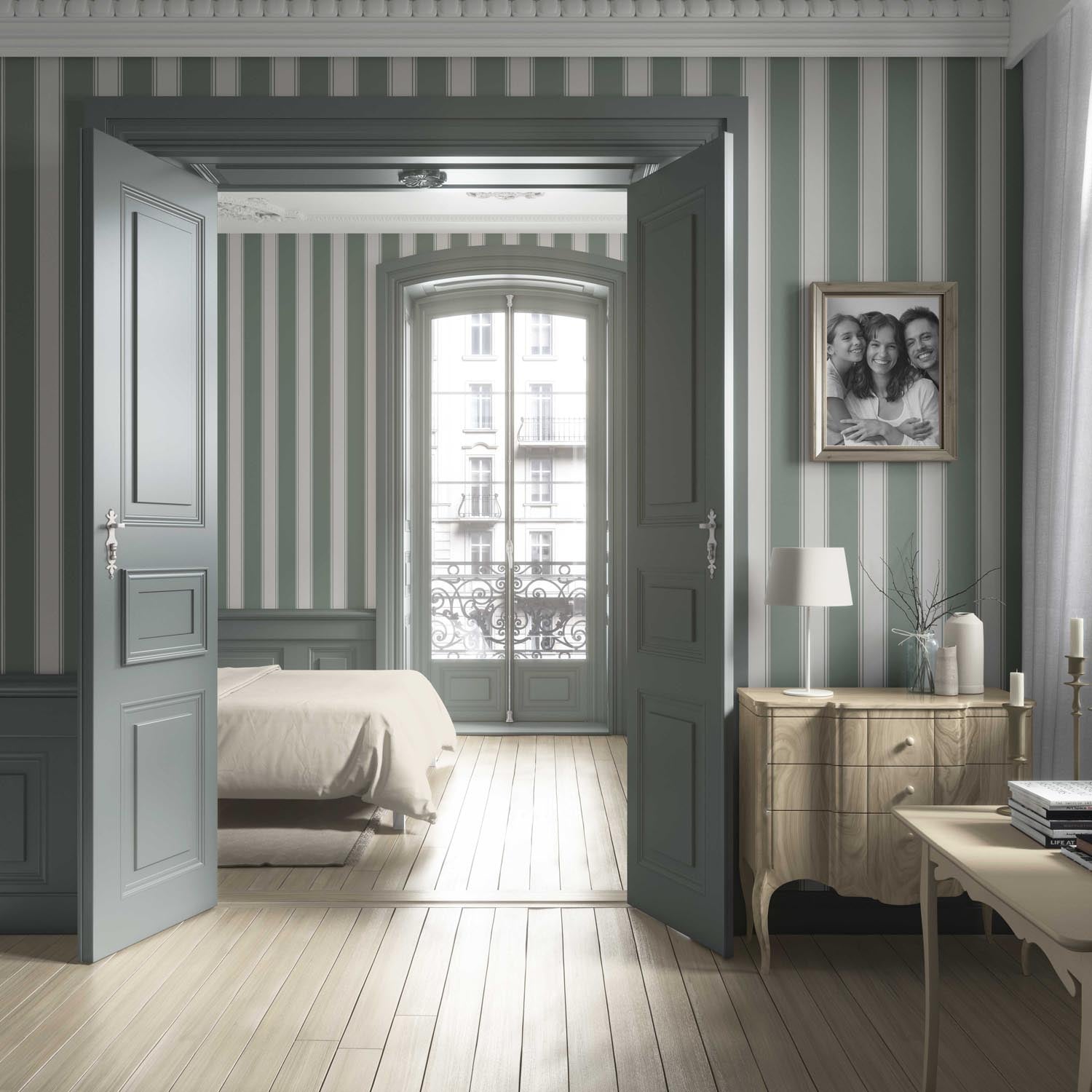 Geometric Striped Living Room Wallpaper Sample (Sage Green)