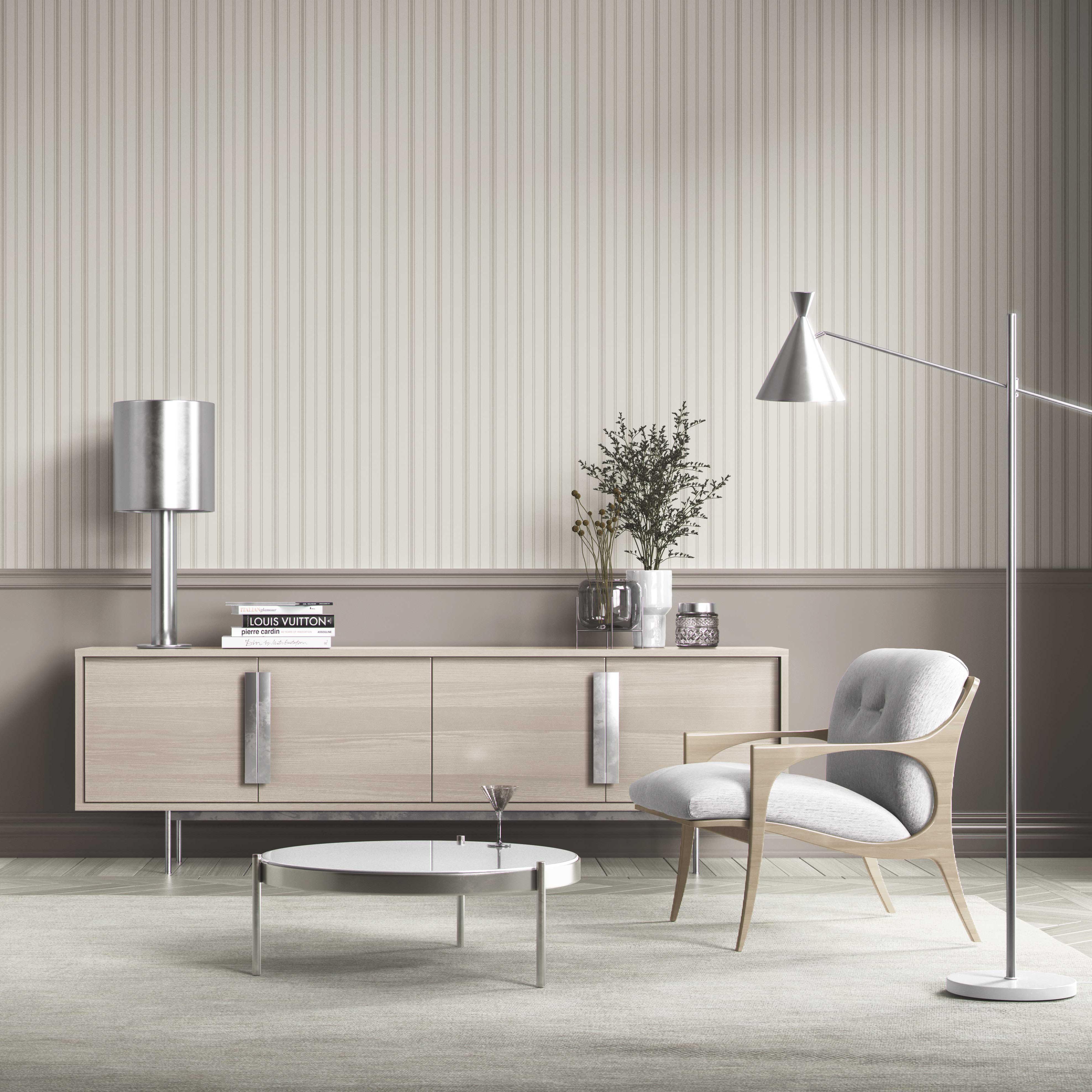 Neutral Geometric Striped Bathroom Wallpaper Sample (Cream/ Beige/ Gray)