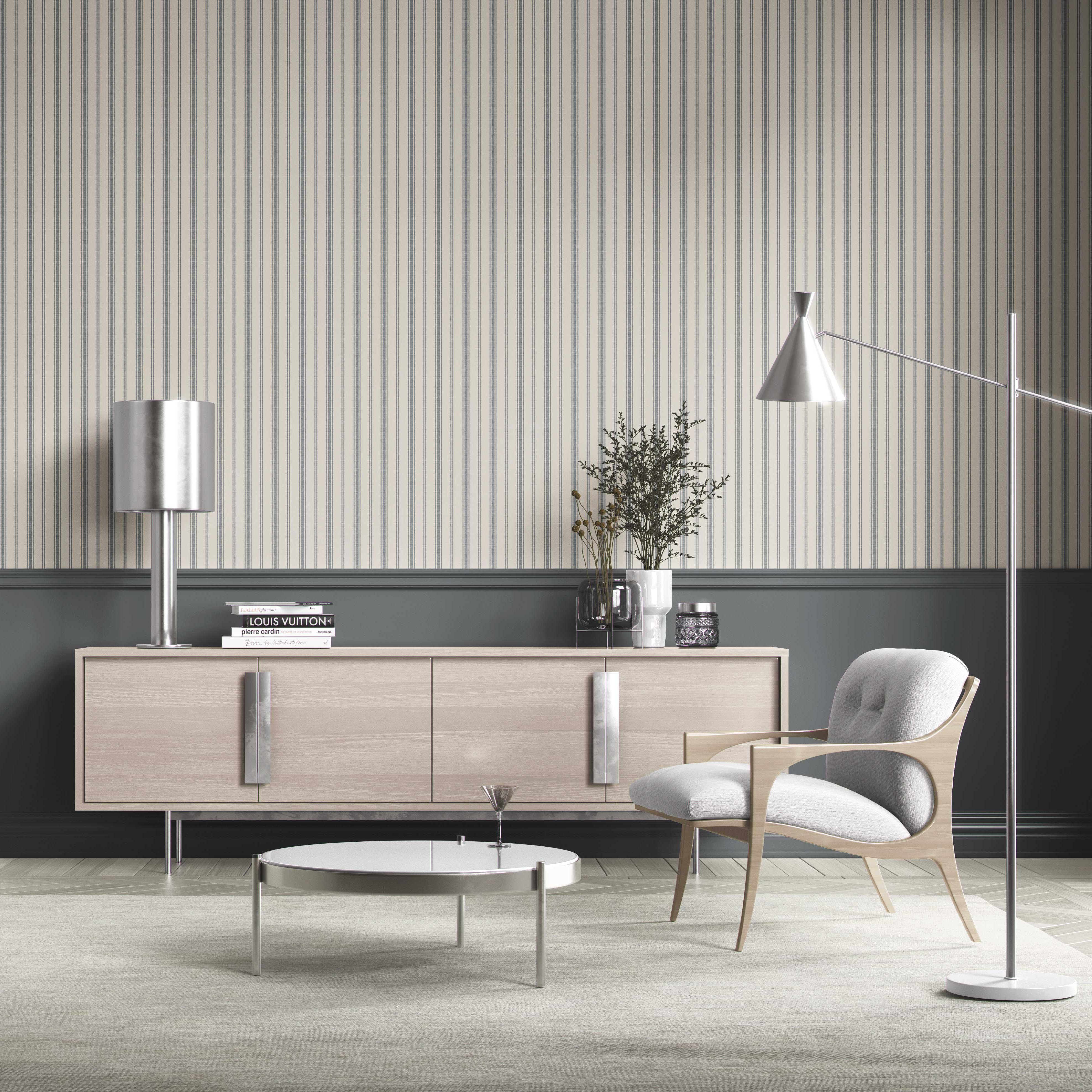 Neutral Geometric Striped Bathroom Wallpaper Sample (Ash Gray/ Cream)