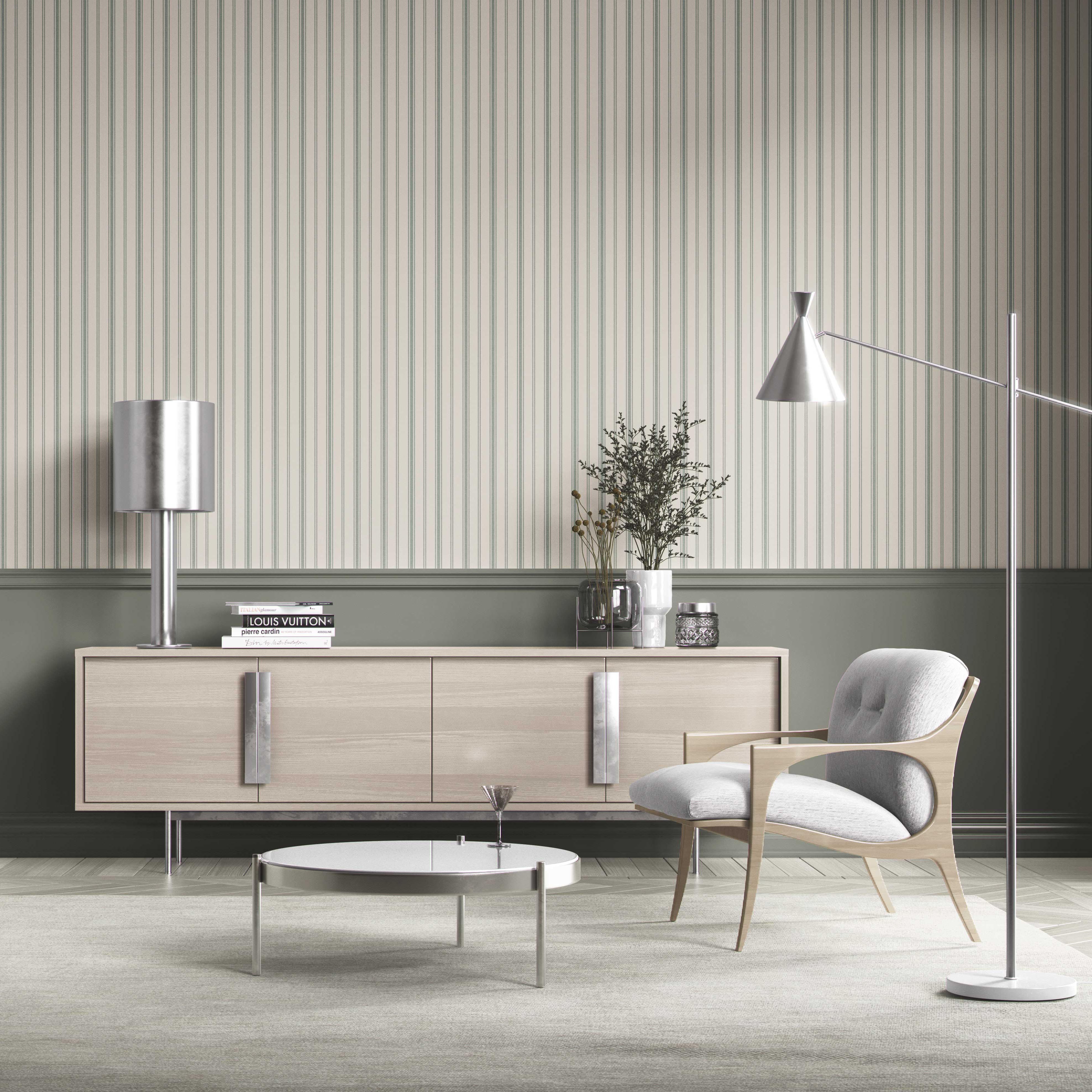 Geometric Striped Bathroom Wallpaper (Sage Green/ Cream)