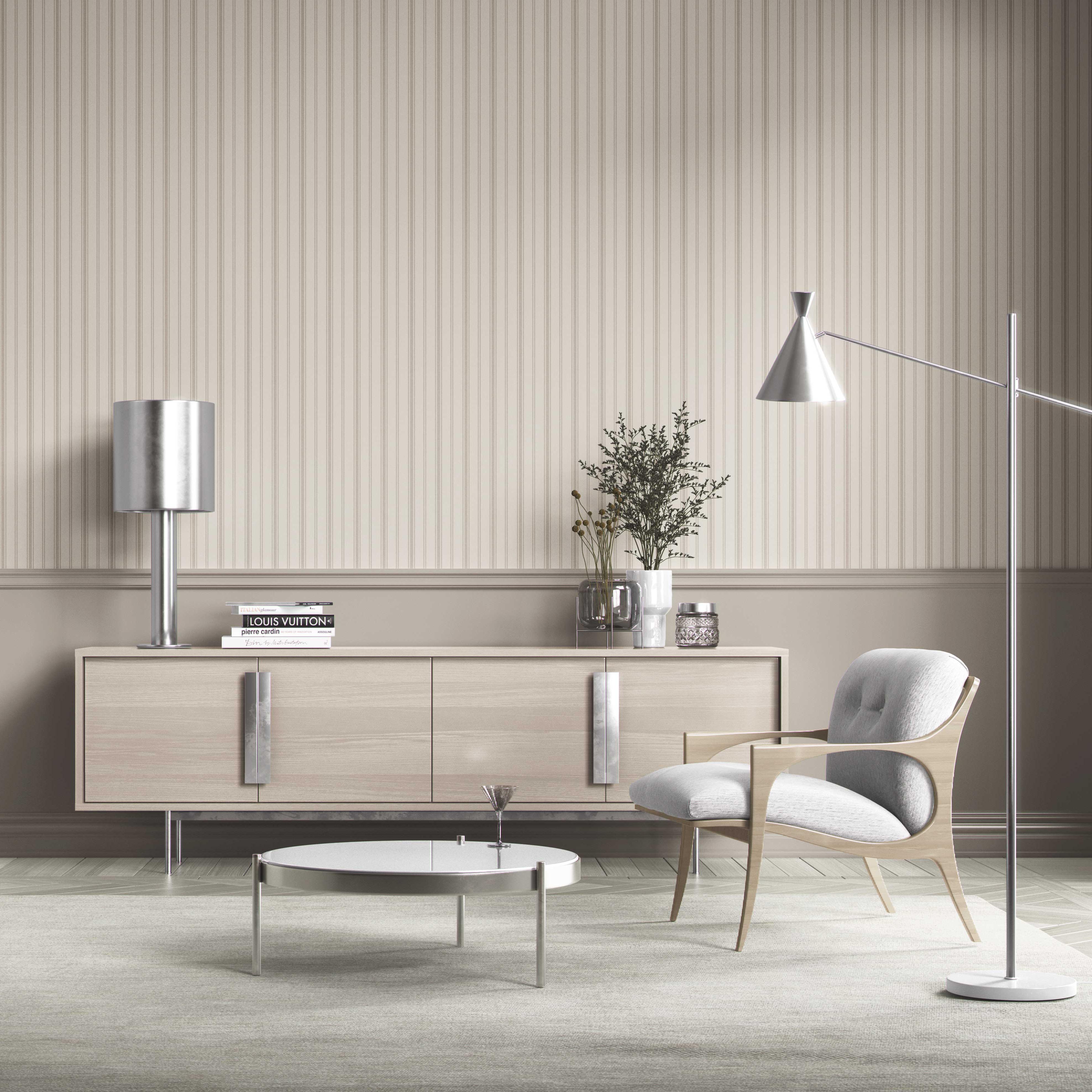 Neutral Geometric Striped Bathroom Wallpaper Sample (Beige/ Greige/ Taupe)