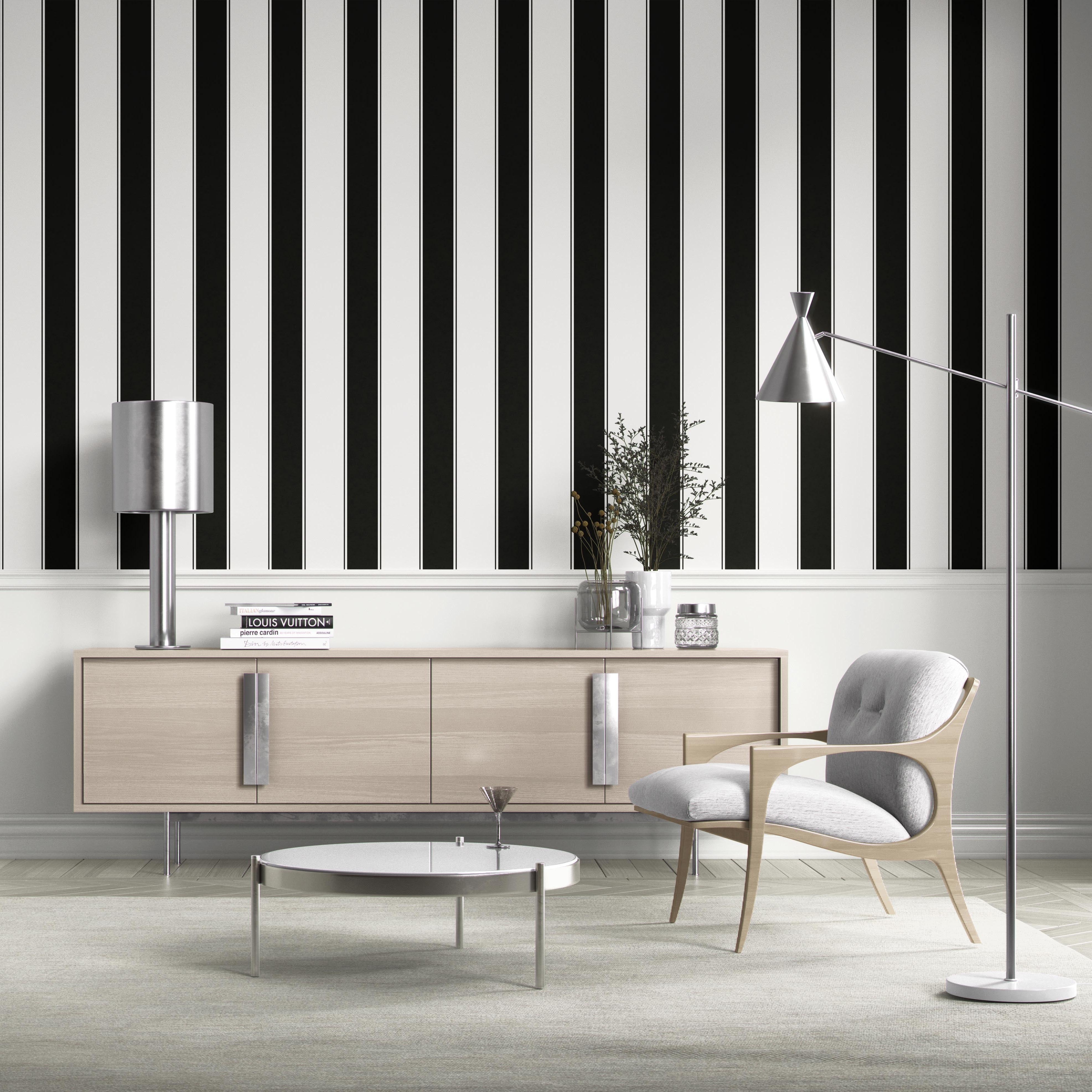 Neutral-Toned Scandi-Inspired Striped Shower Toilet Wallpaper Sample (Black & White)