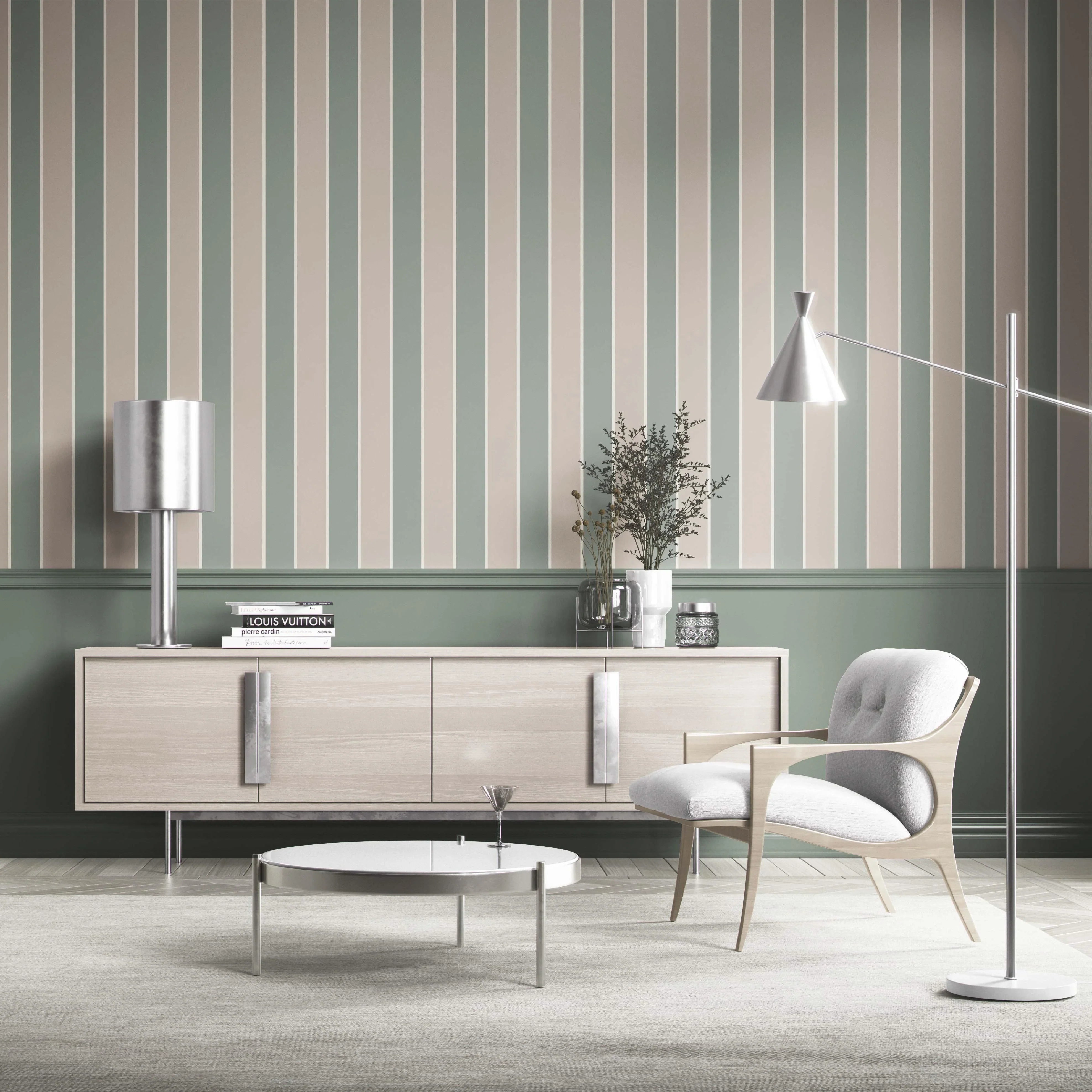 Geometric Striped Bathroom Wallpaper (Green / Beige)