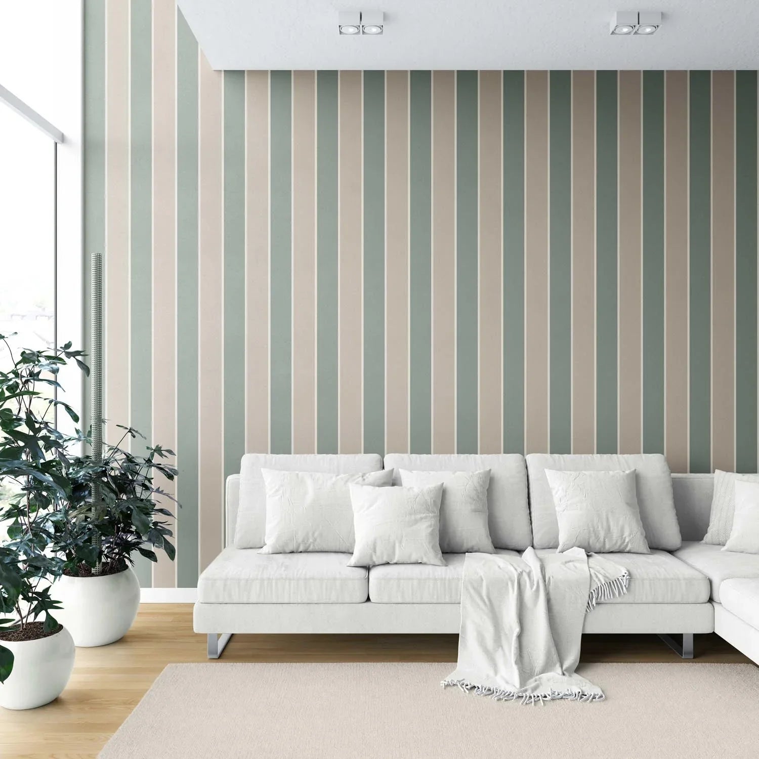 Geometric Striped Shower Toilet Wallpaper Sample (Green / Beige)