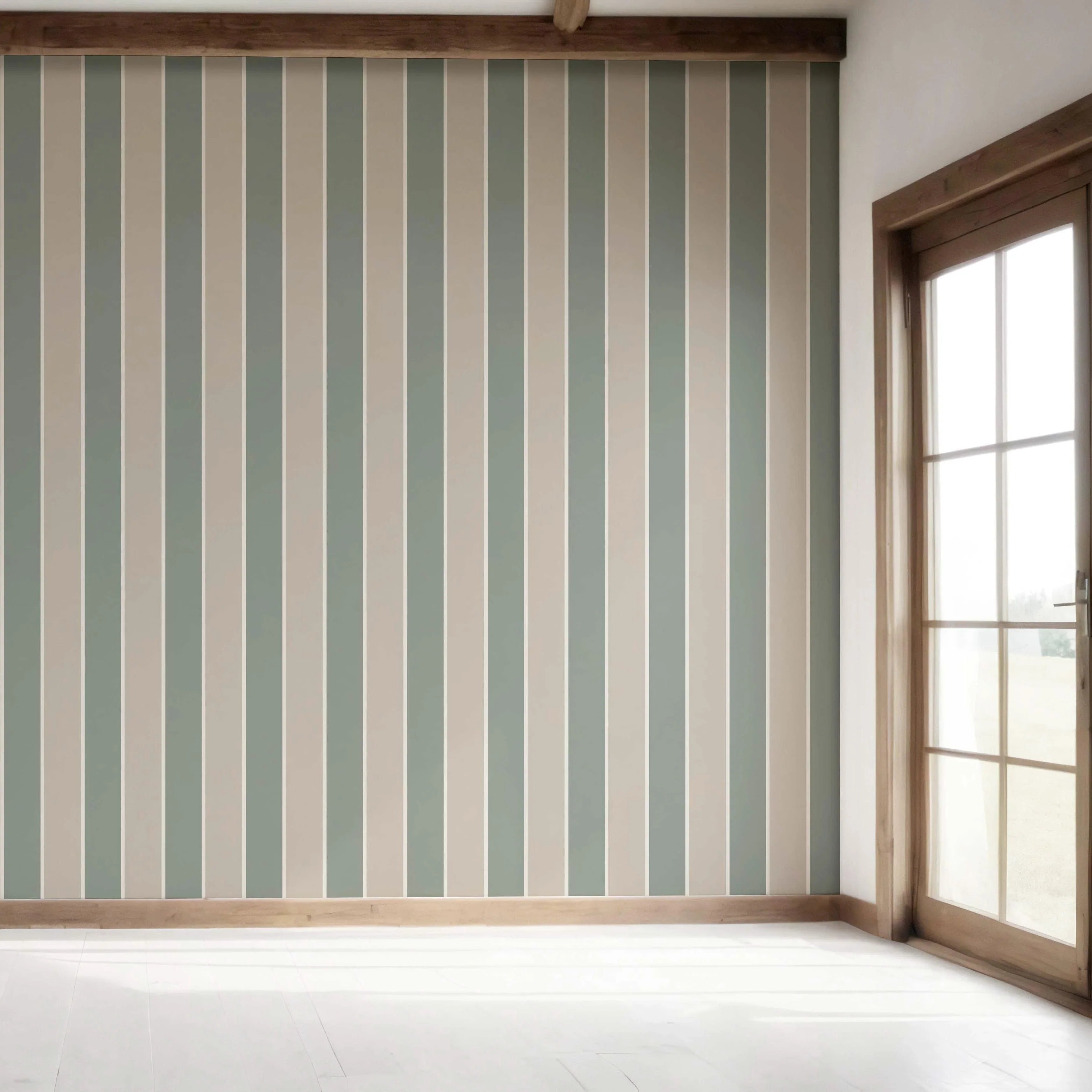 Geometric Striped Bedroom Wallpaper Sample (Green / Beige)