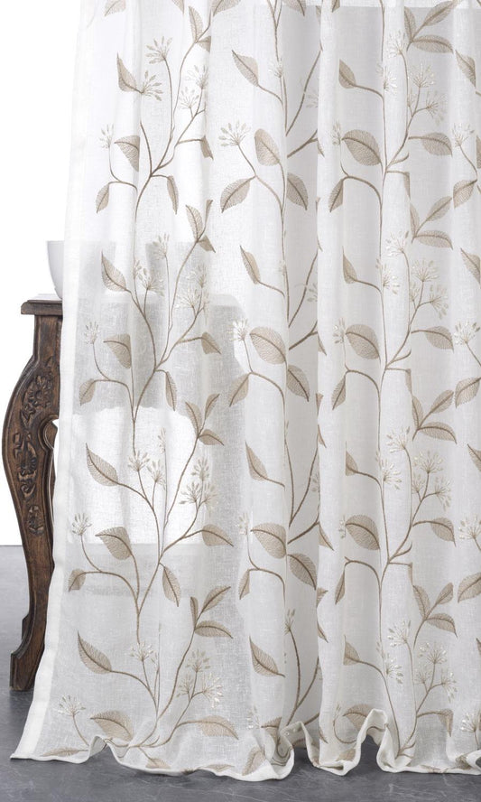 Floral Sheer Home Décor Fabric By the Metre (White/ Brown)