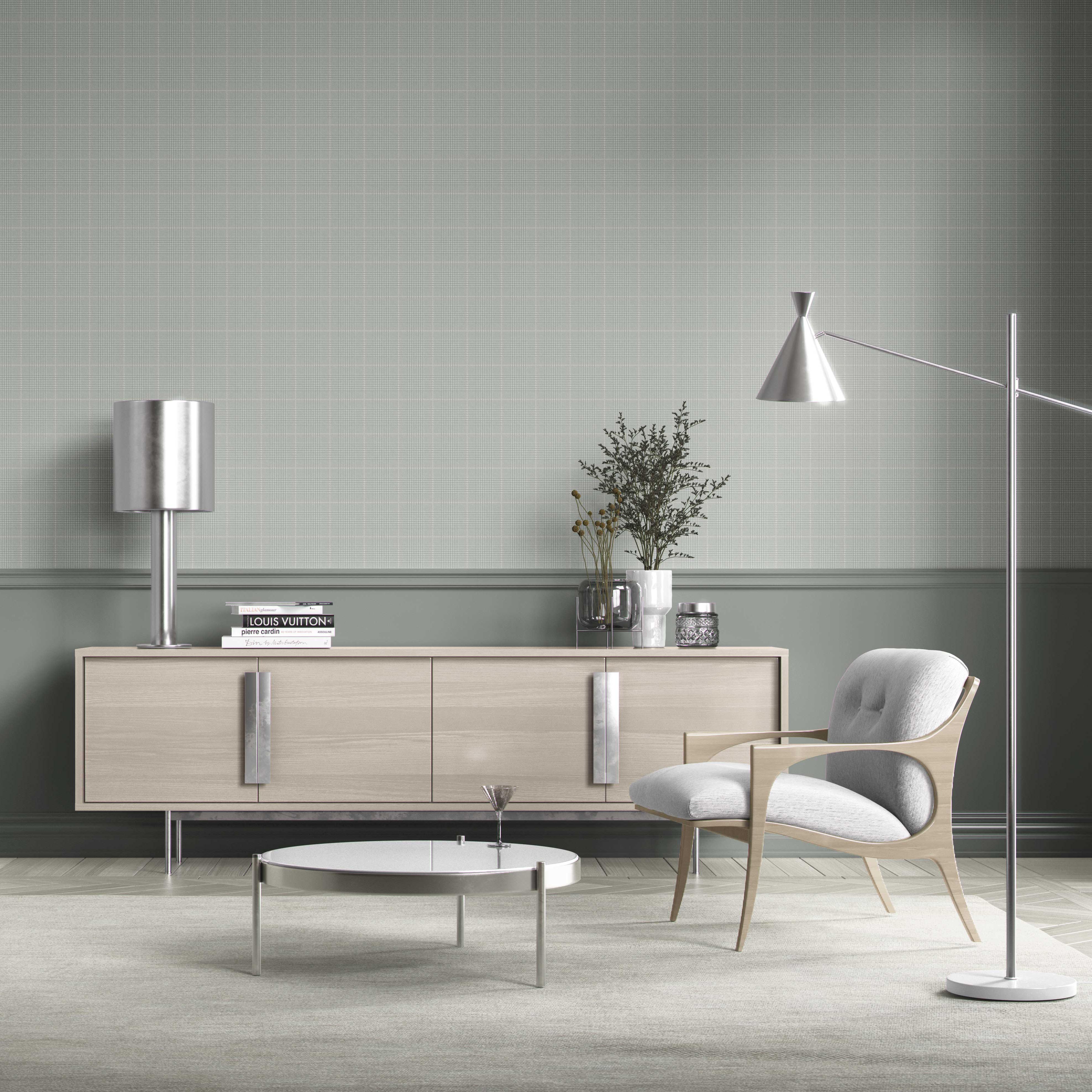 Neutral Textured Check/ Geometric Kitchen Wallpaper Sample (Sage Grey)