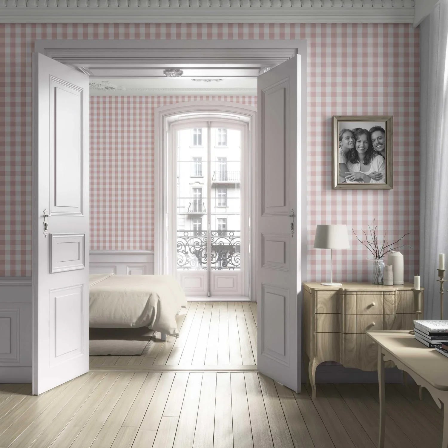 Geometric Gingham Kitchen Wallpaper Sample (Pink)