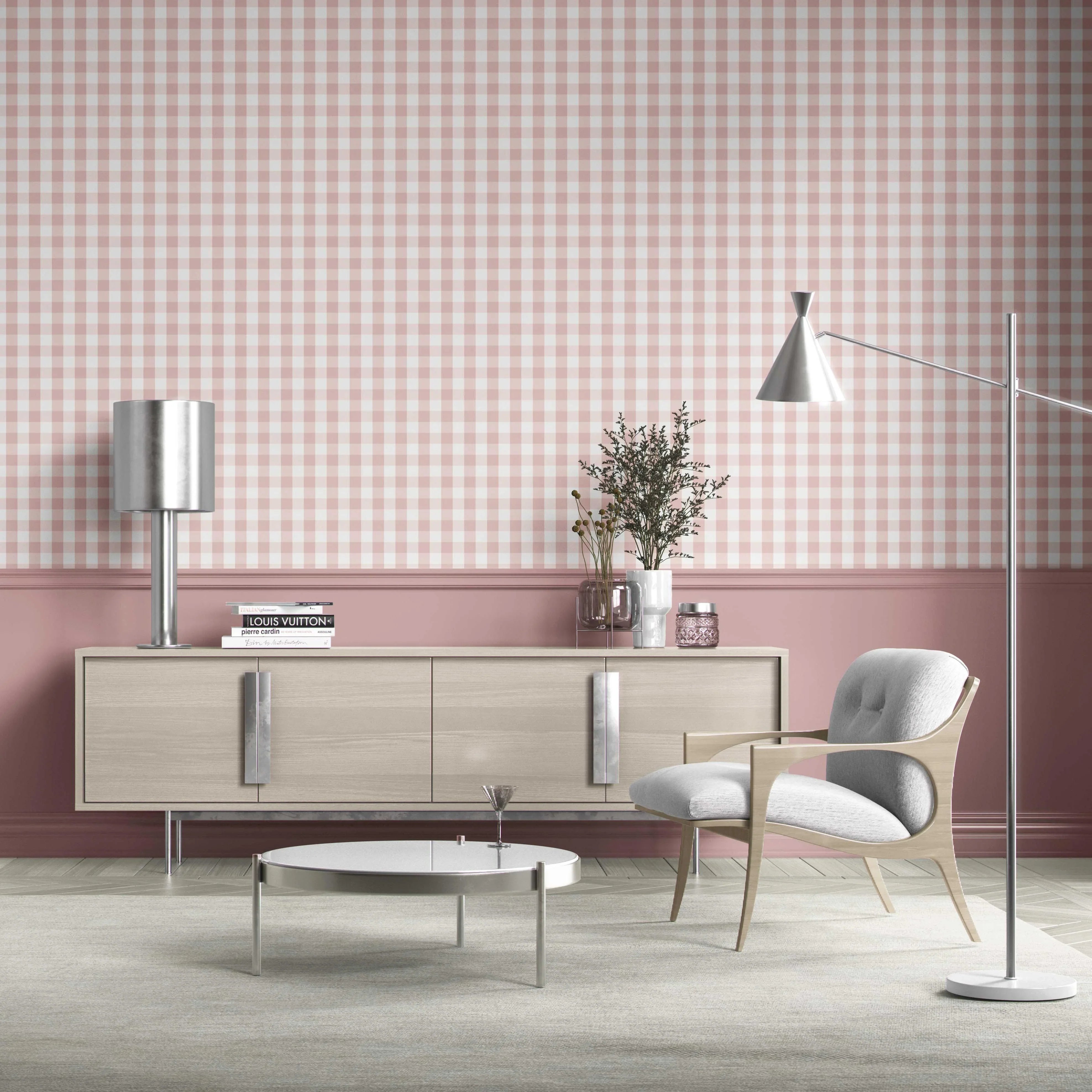 Geometric Gingham Living Room Wallpaper Sample (Pink)