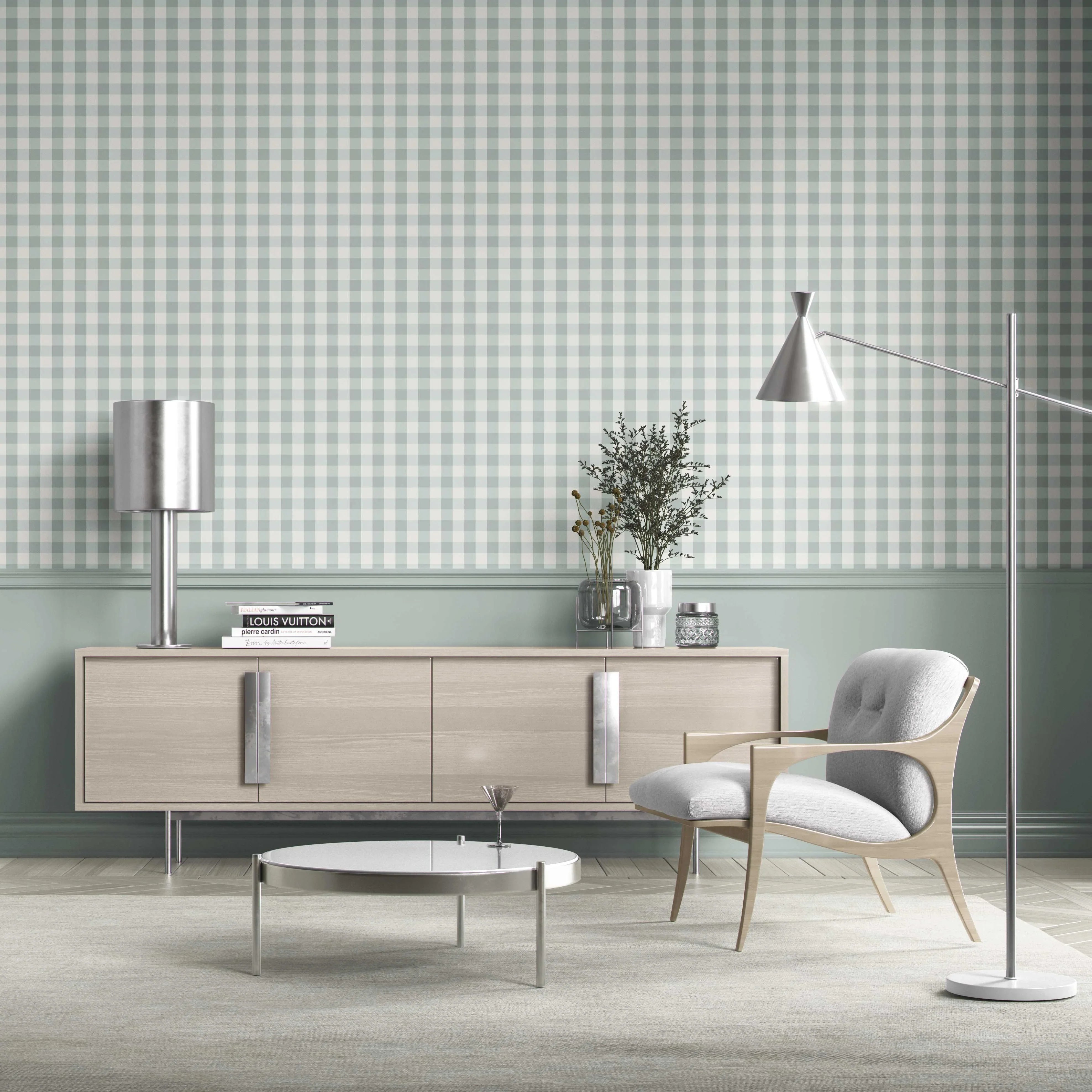 Geometric Gingham Kitchen Wallpaper Sample (Powder Blue)