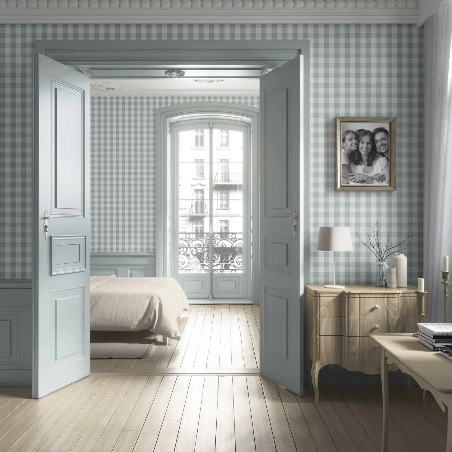 Geometric Gingham Living Room Wallpaper Sample (Powder Blue)
