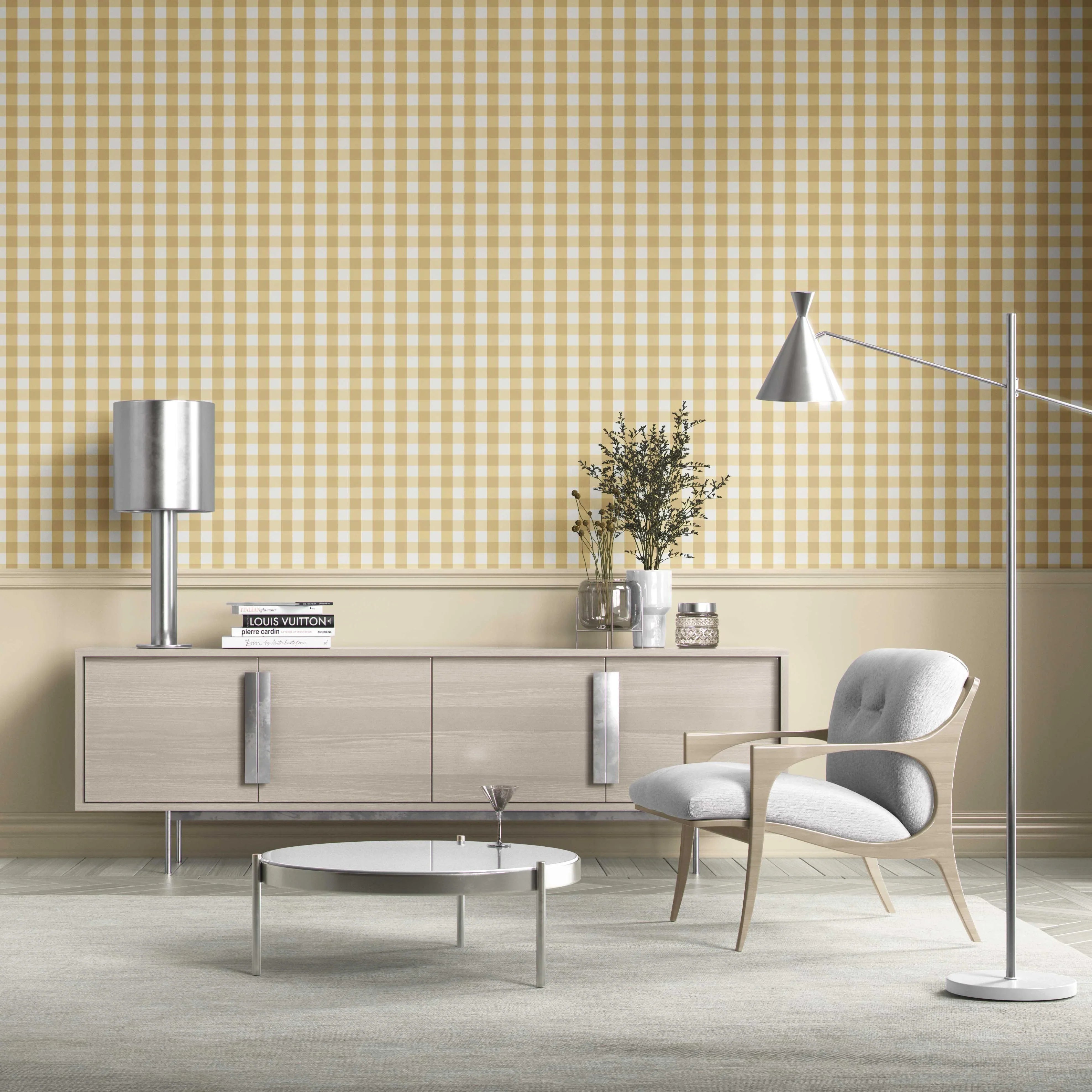 Geometric Gingham Living Room Wallpaper Sample (Yellow)