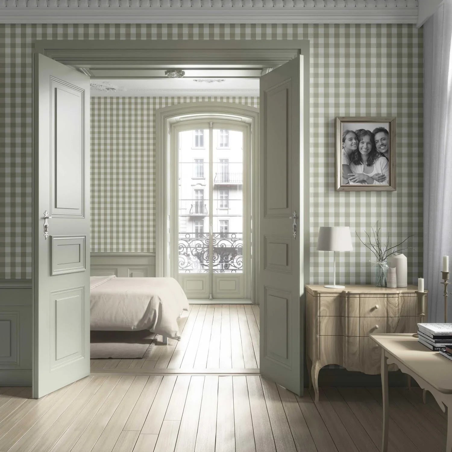 Geometric Gingham Kitchen Wallpaper Sample (Olive Green)