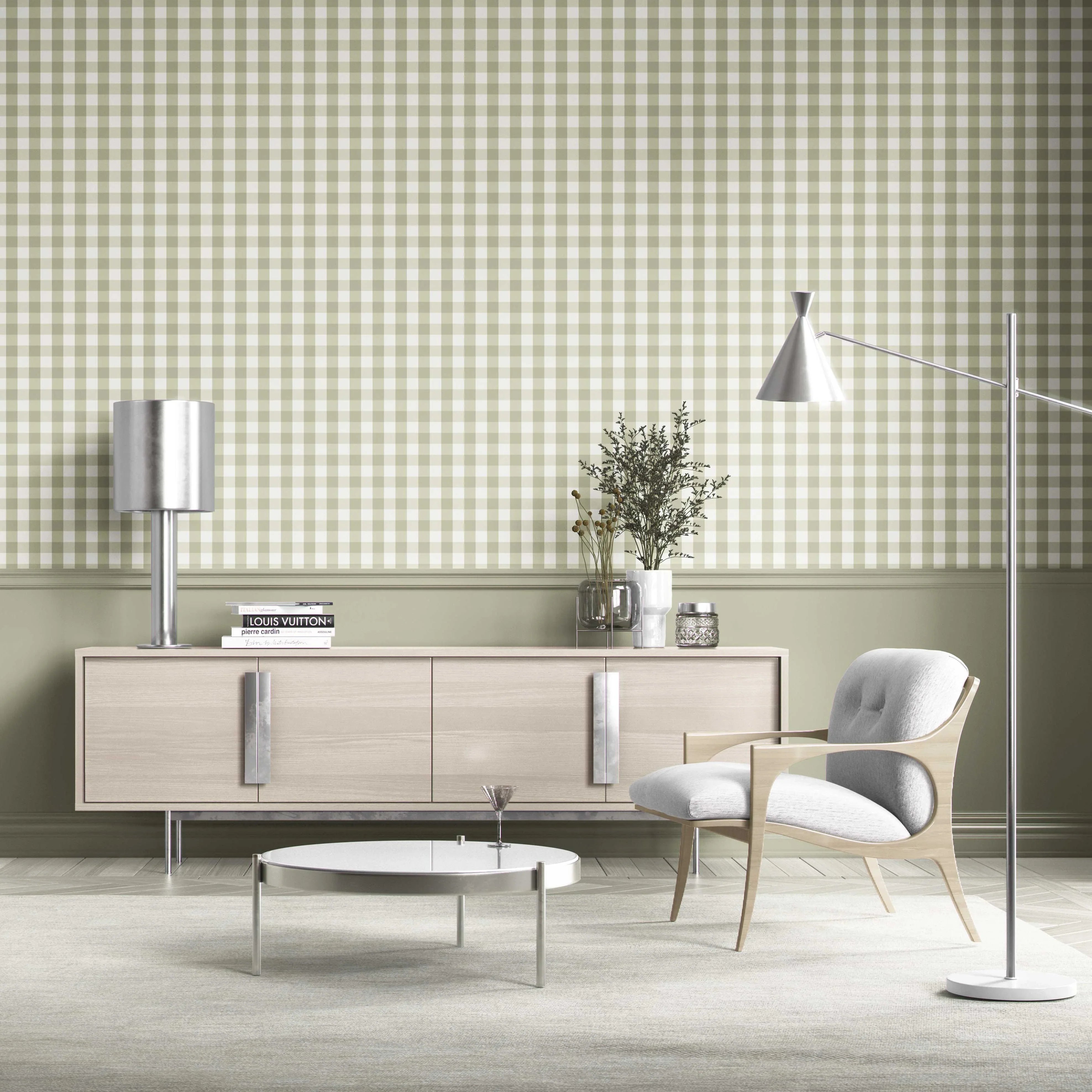 Geometric Gingham Living Room Wallpaper Sample (Olive Green)