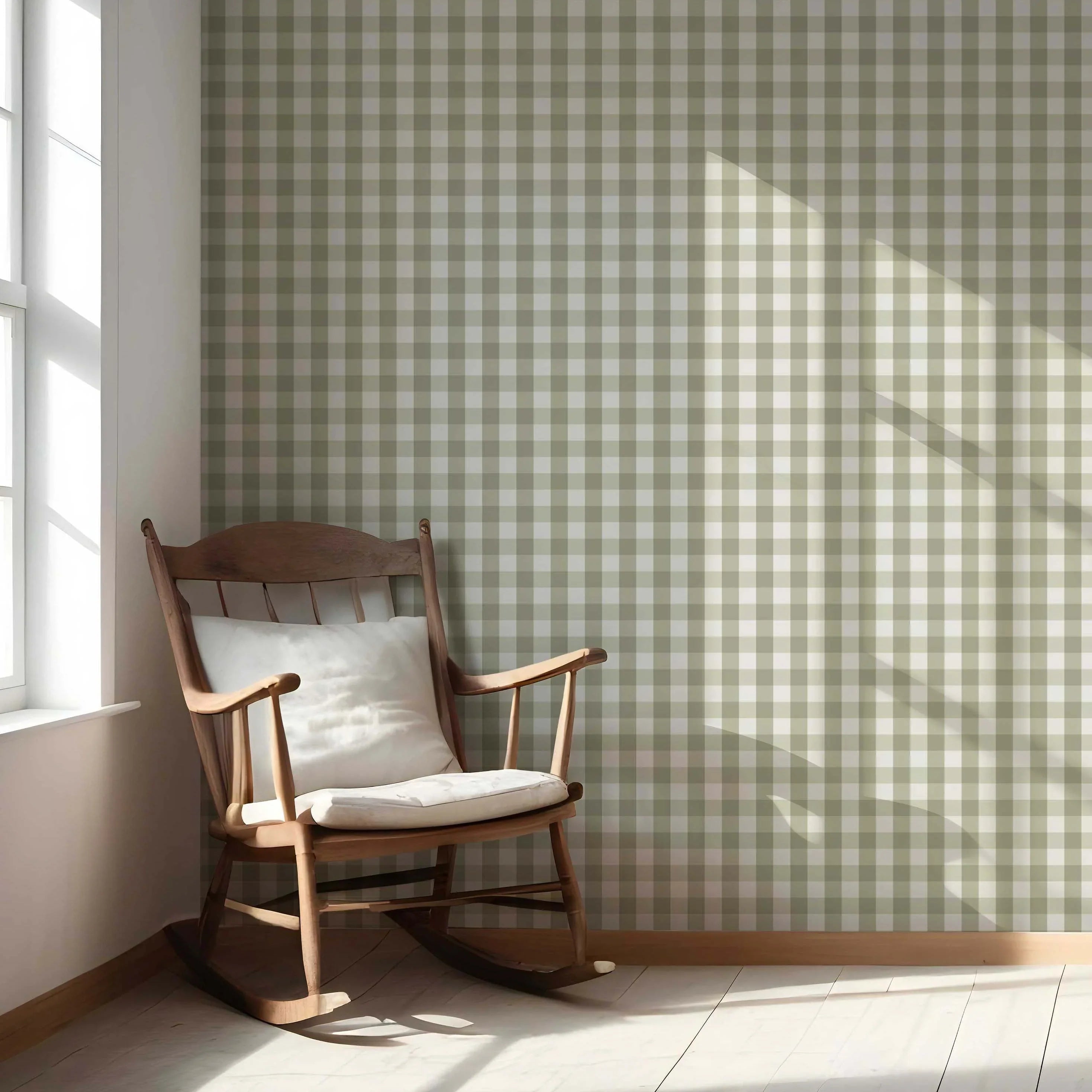 Geometric Gingham Nursery Wallpaper Sample (Olive Green)