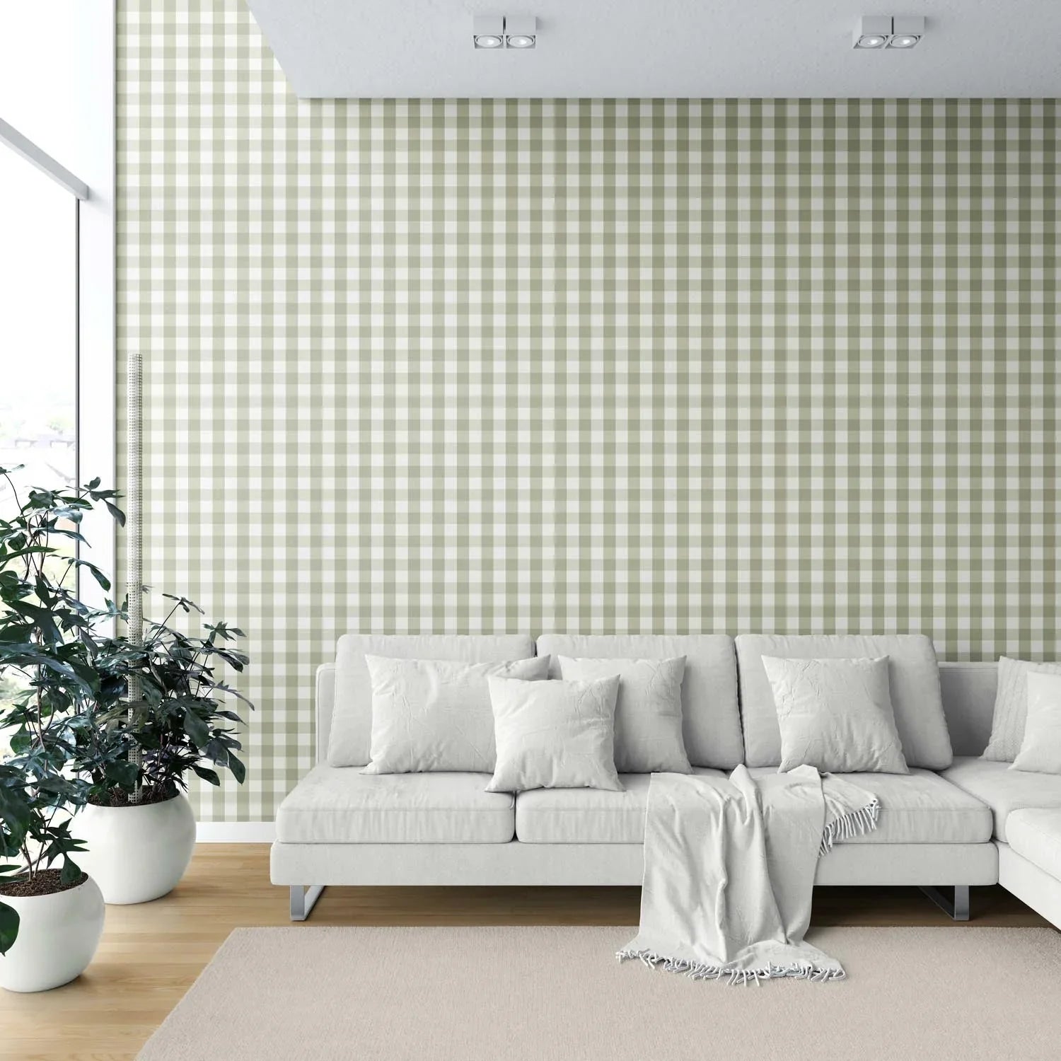 Geometric Gingham Shower Toilet Wallpaper Sample (Olive Green)
