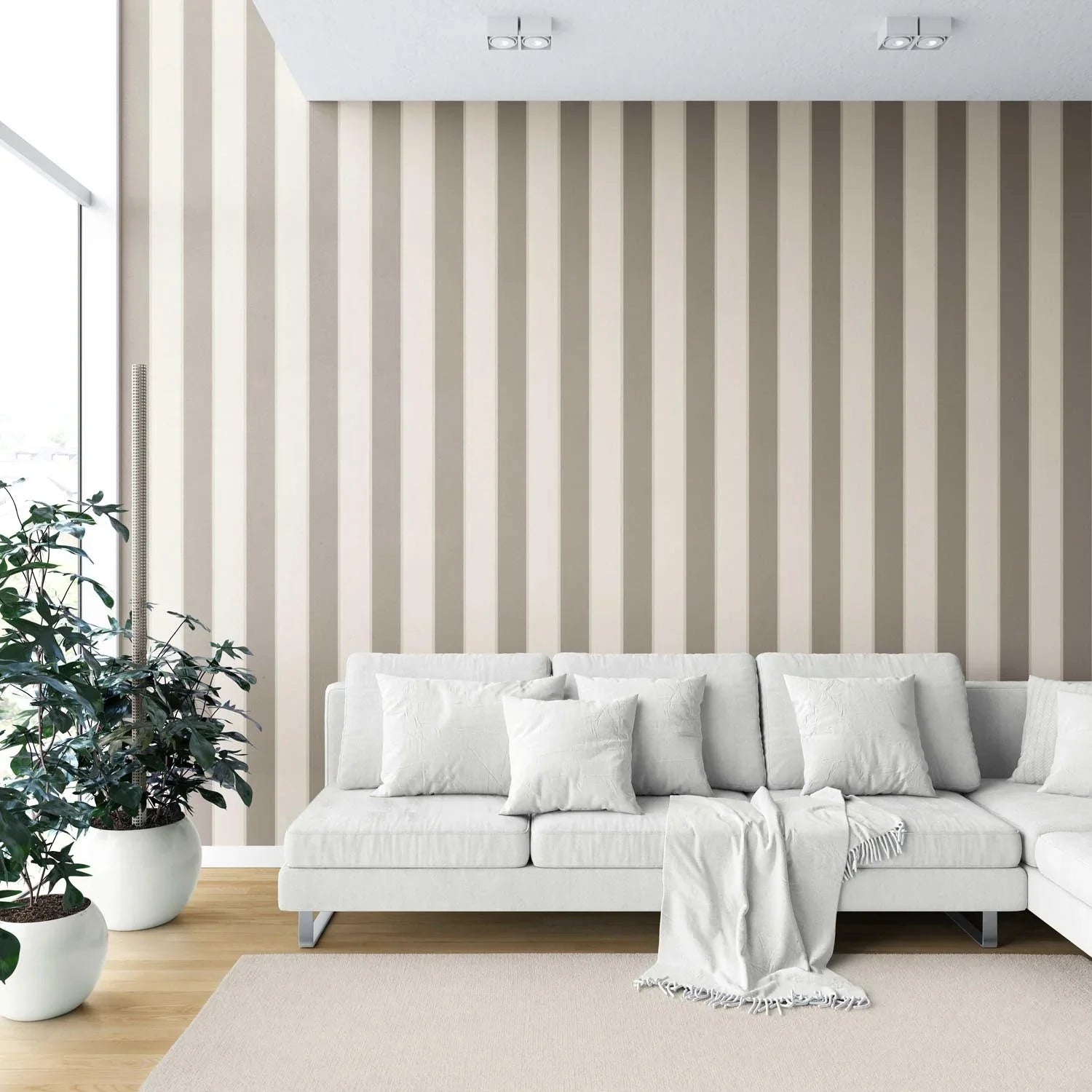 Neutral Geometric Striped Kitchen Wallpaper Sample (Cream/ Taupe Grey/ Brown)