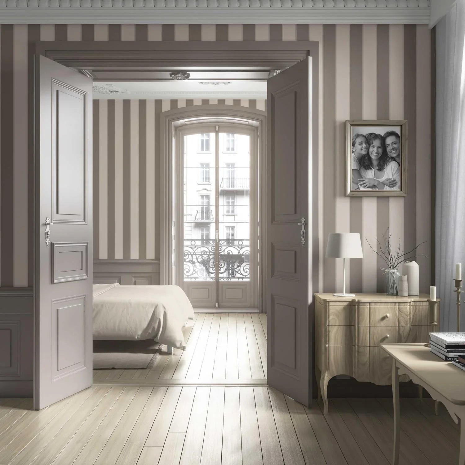 Neutral Geometric Striped Living Room Wallpaper Sample (Cream/ Taupe Grey/ Brown)