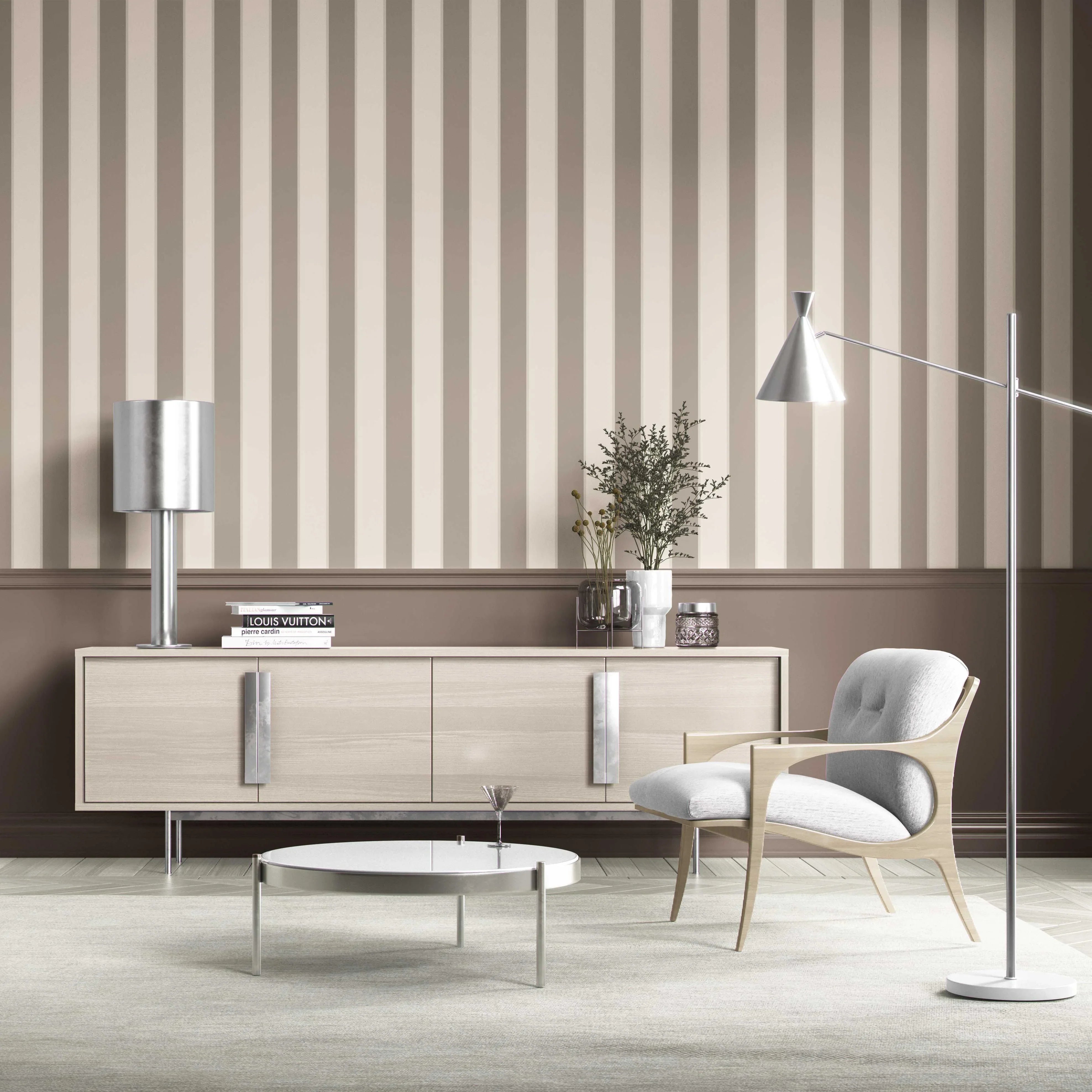 Neutral Geometric Striped Shower Toilet Wallpaper Sample (Cream/ Taupe Grey/ Brown)
