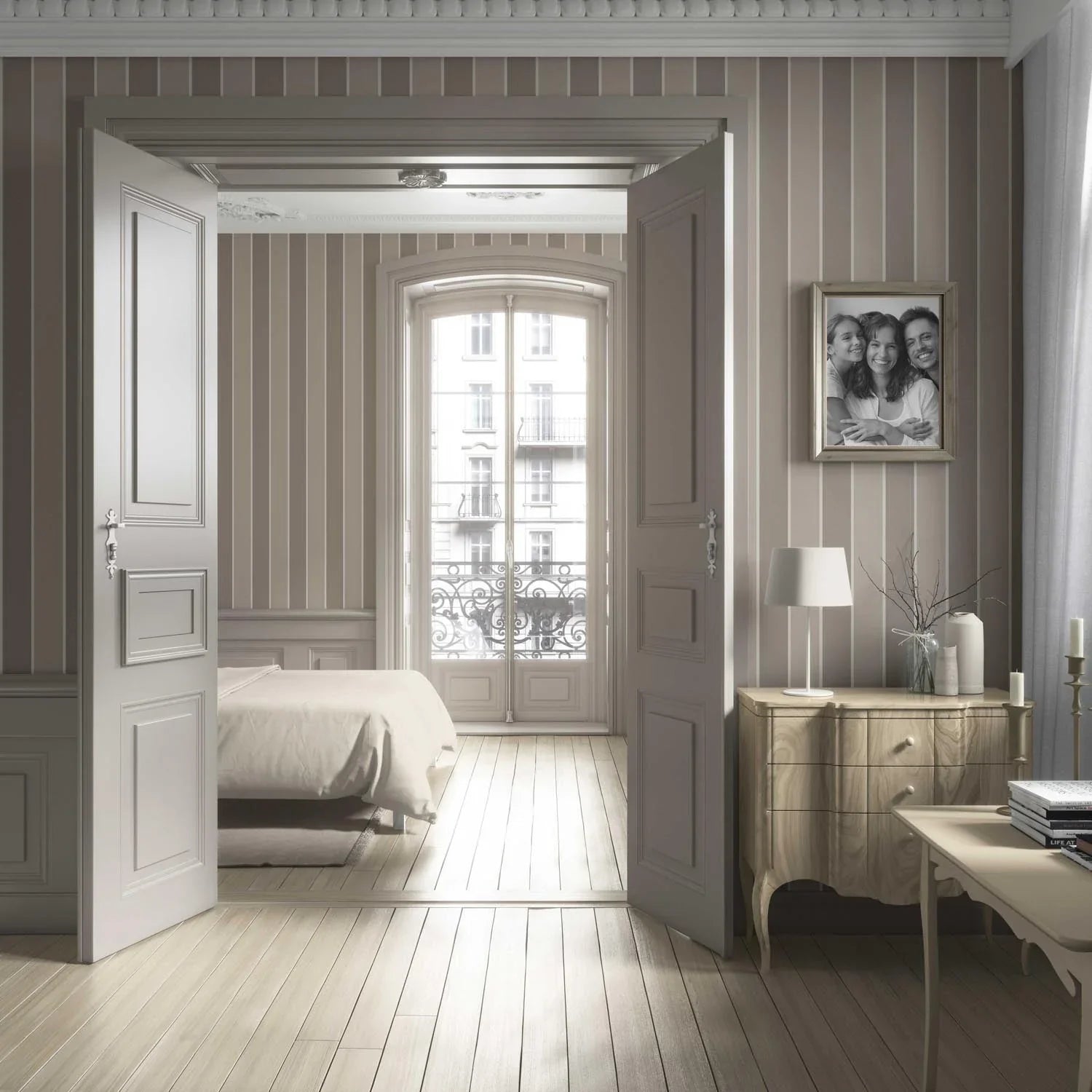 Neutral Geometric Striped Bathroom Wallpaper Sample (Taupe Grey/ Brown)