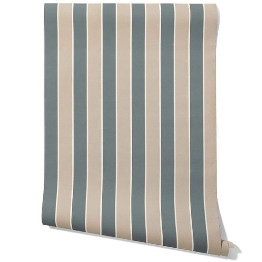 Neutral Geometric Striped Traditional Wallpaper Sample (Stone Blue/ Beige)