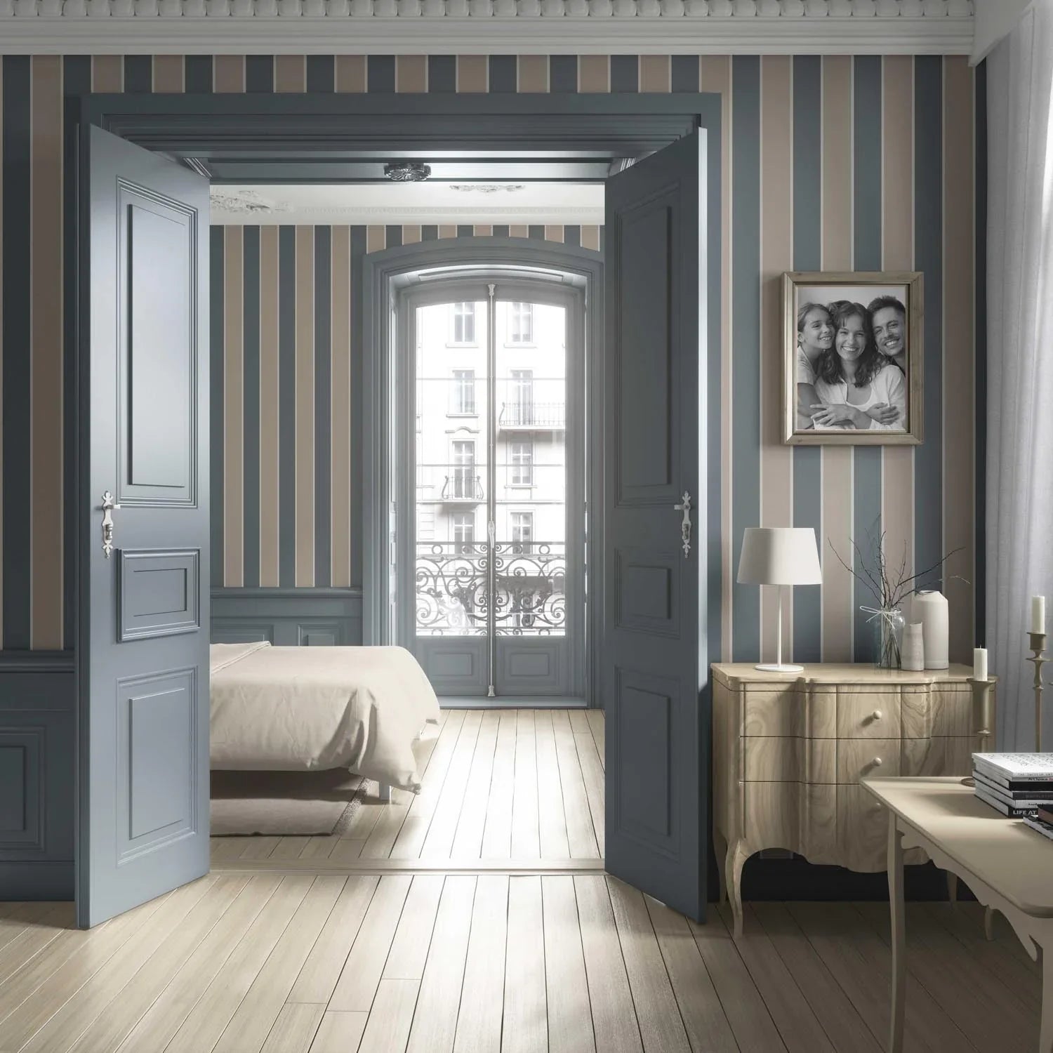 Neutral Geometric Striped Kitchen Wallpaper Sample (Stone Blue/ Beige)