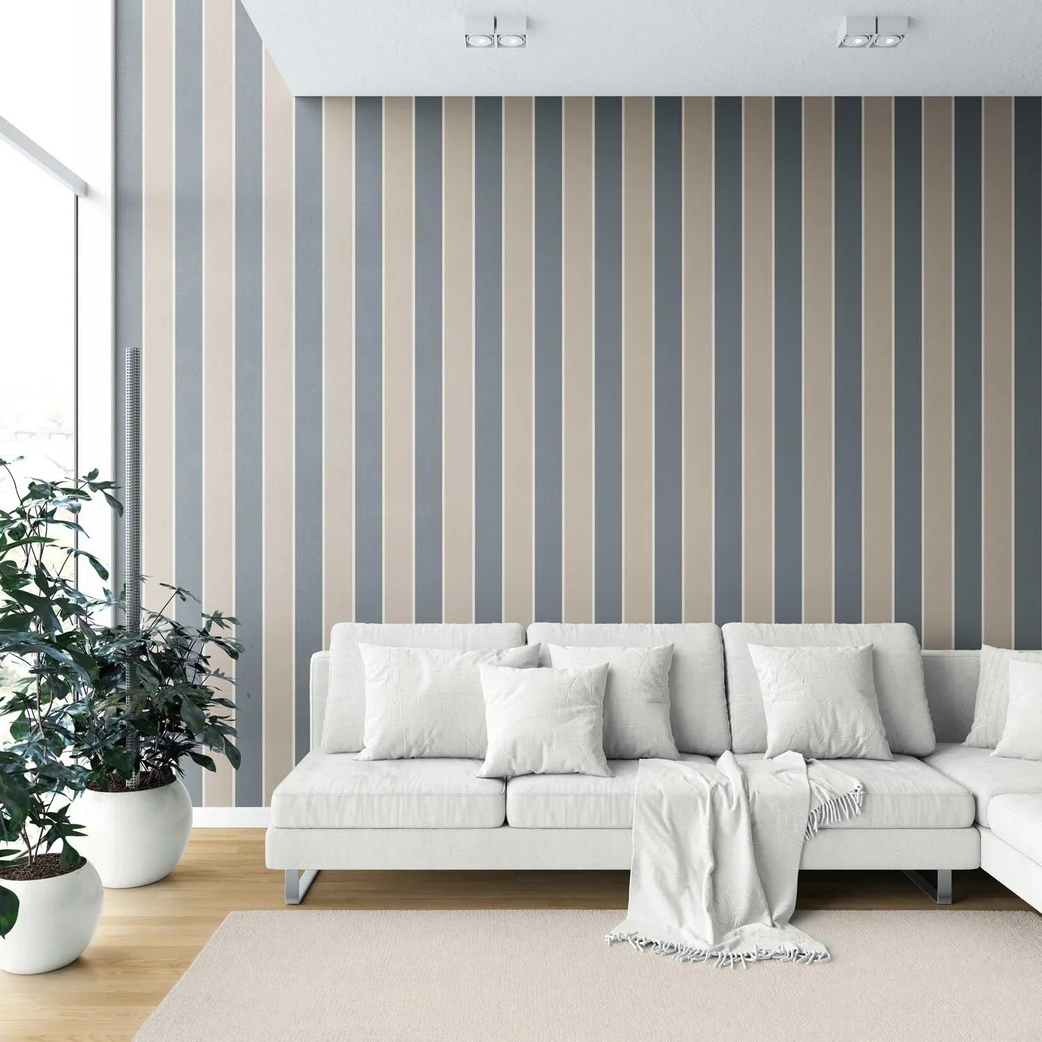 Neutral Geometric Striped Shower Toilet Wallpaper Sample (Stone Blue/ Beige)