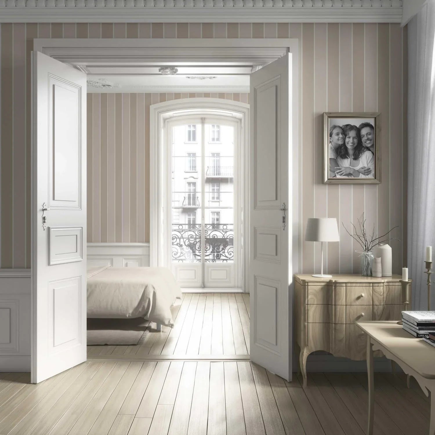 Neutral Geometric Striped Bathroom Wallpaper Sample (Beige/ Cream)