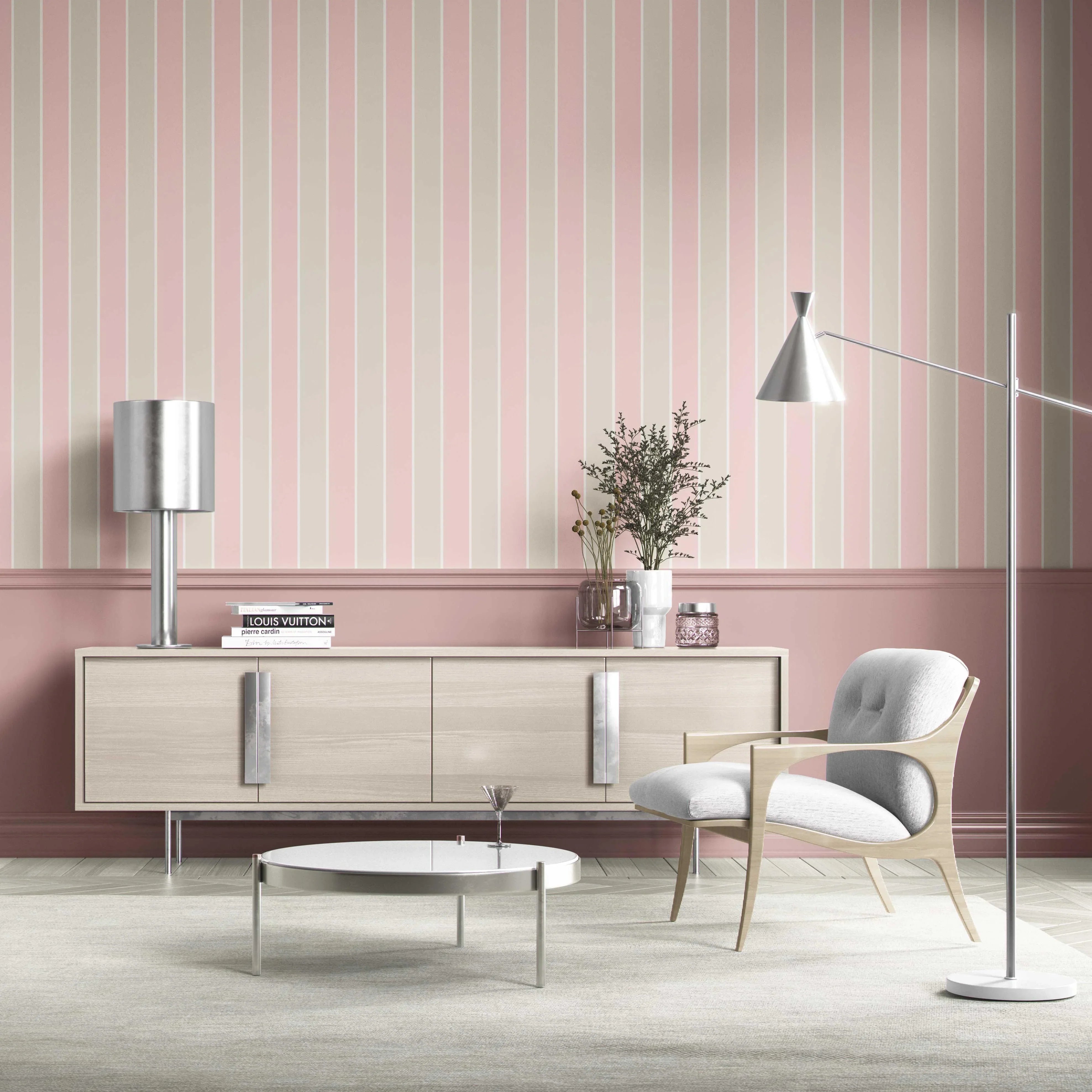 Geometric Striped Kitchen Wallpaper Sample (Soft Pink/ Taupe)