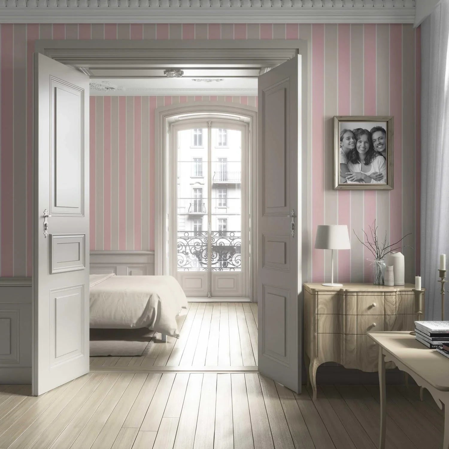 Geometric Striped Bathroom Wallpaper Sample (Soft Pink/ Taupe)