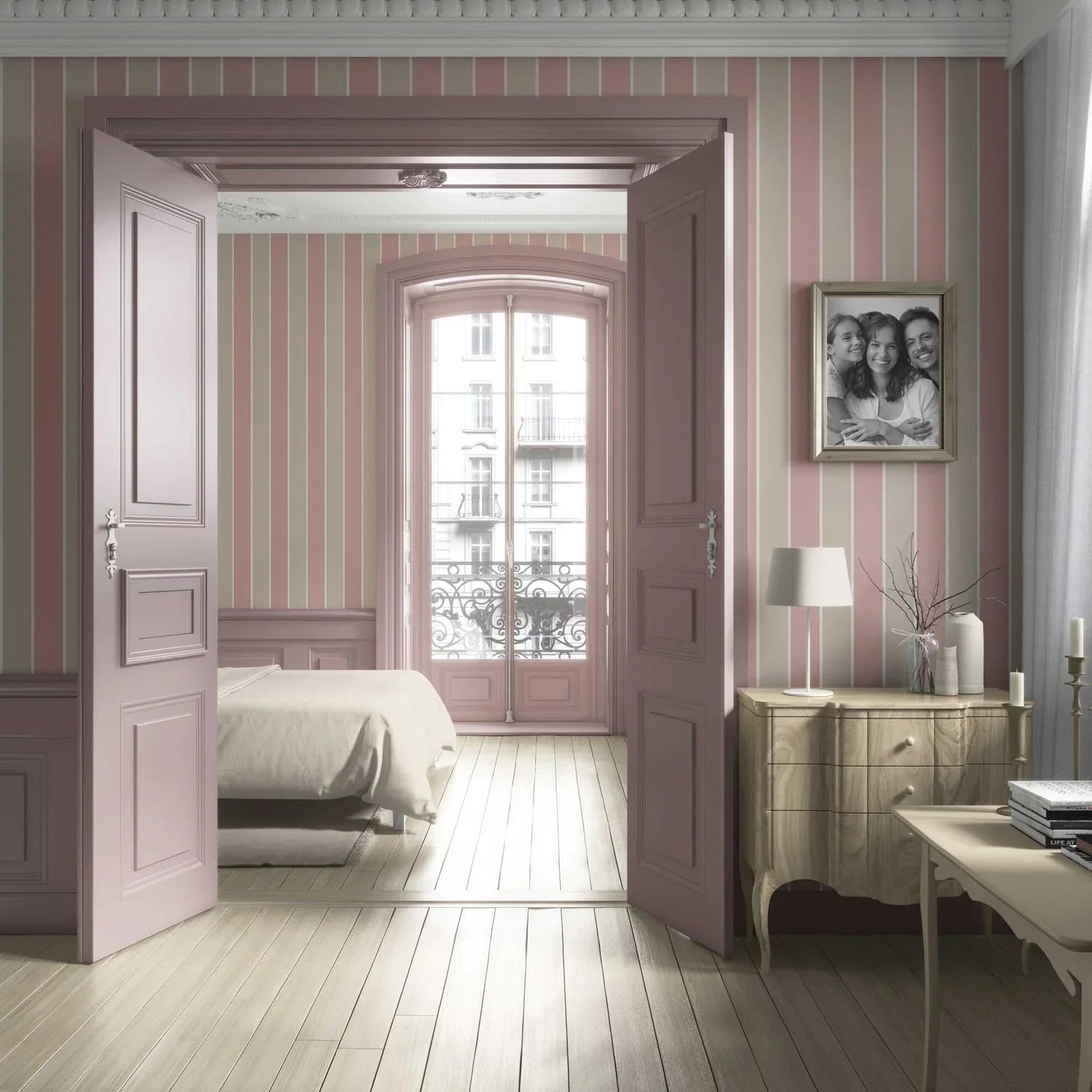 Geometric Striped Bathroom Wallpaper Sample (Dusty Pink/ Taupe)