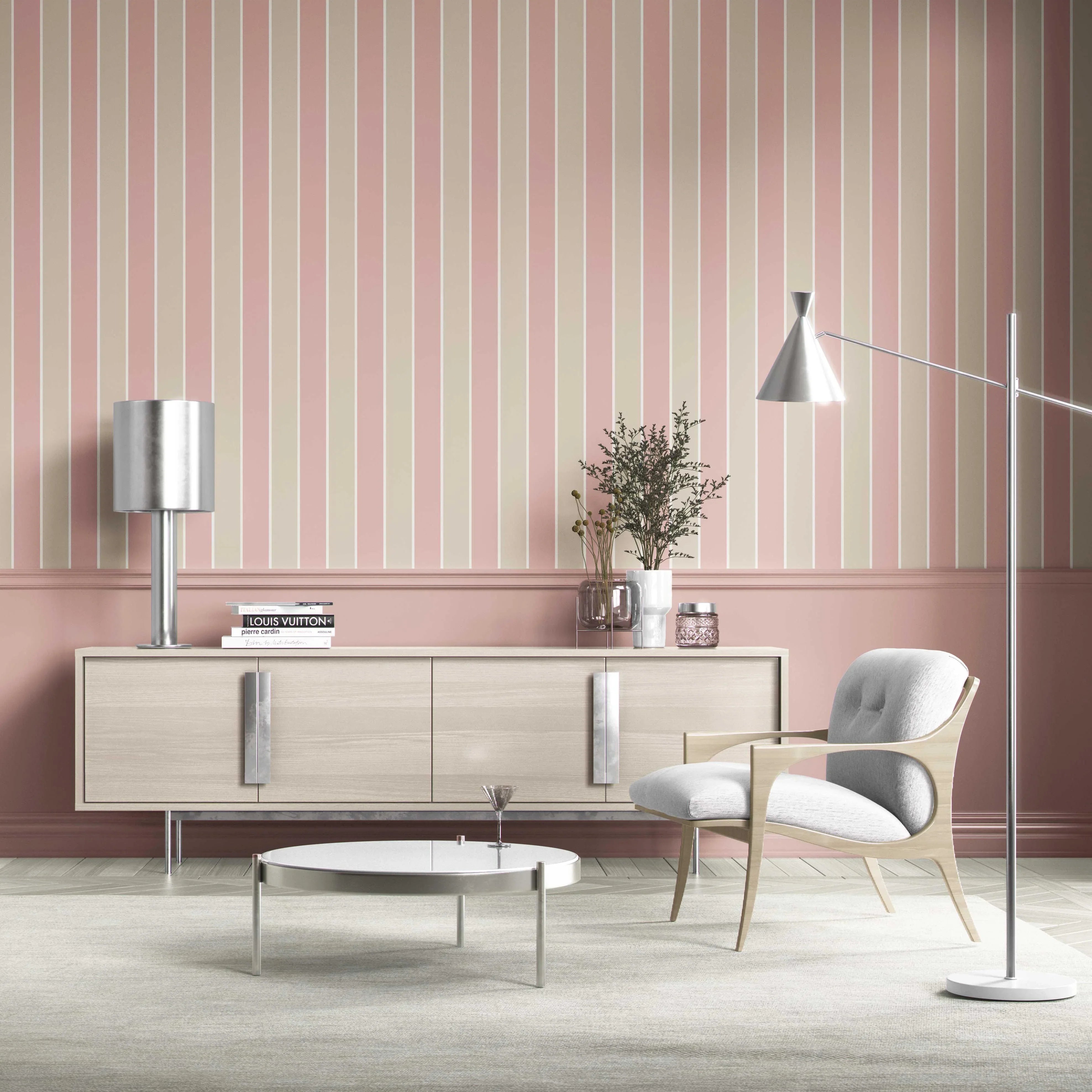 Geometric Striped Shower Toilet Wallpaper Sample (Dusty Pink/ Taupe)