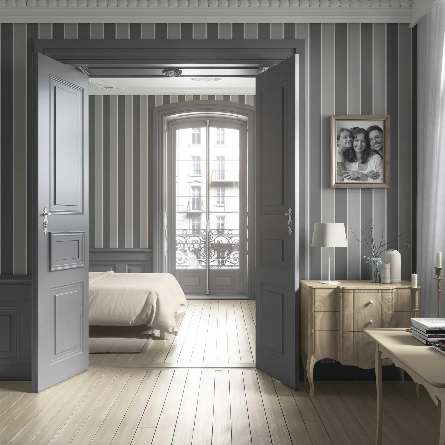Neutral Geometric Striped Bathroom Wallpaper Sample (Grey)