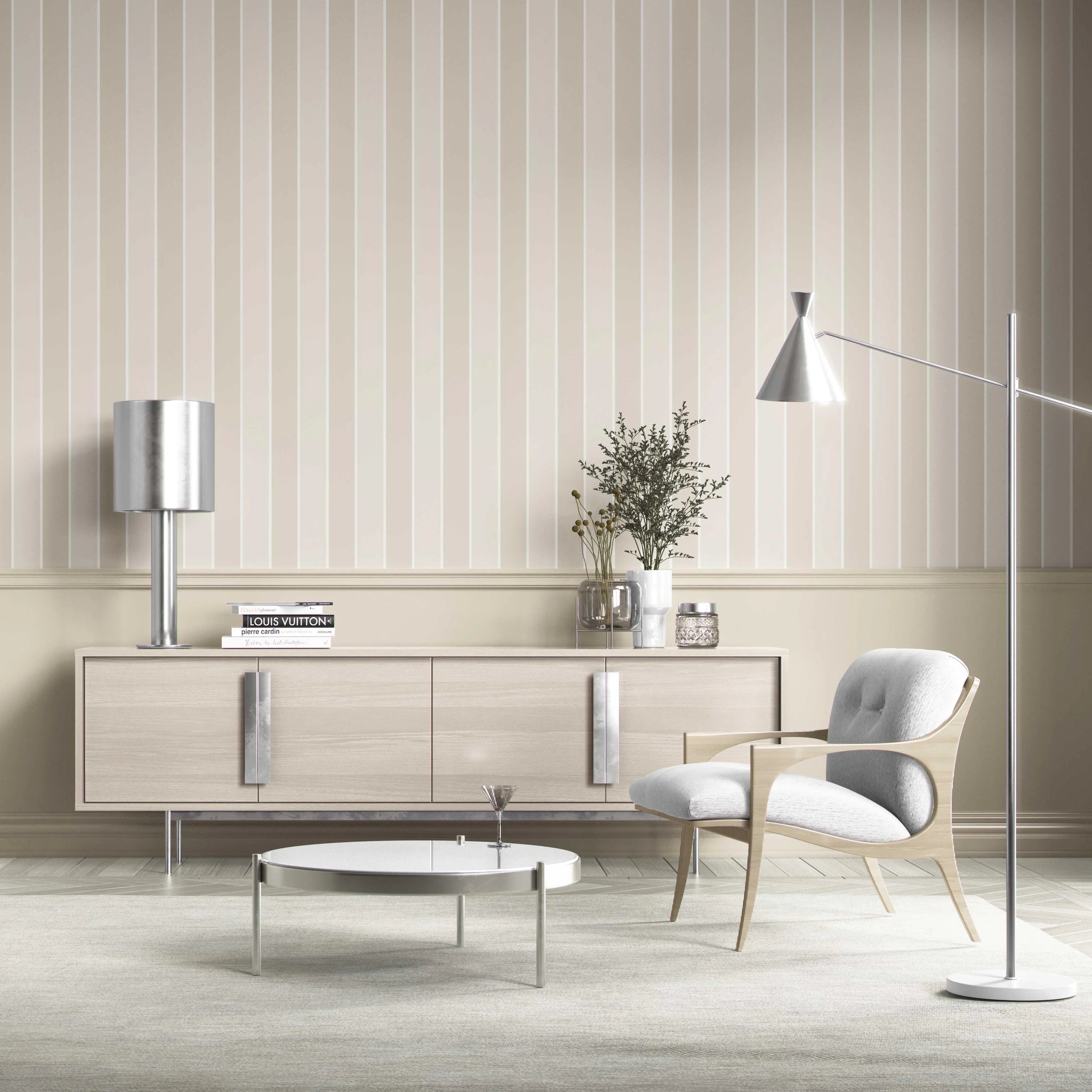 Neutral Geometric Striped Kitchen Wallpaper (Beige/ Cream)