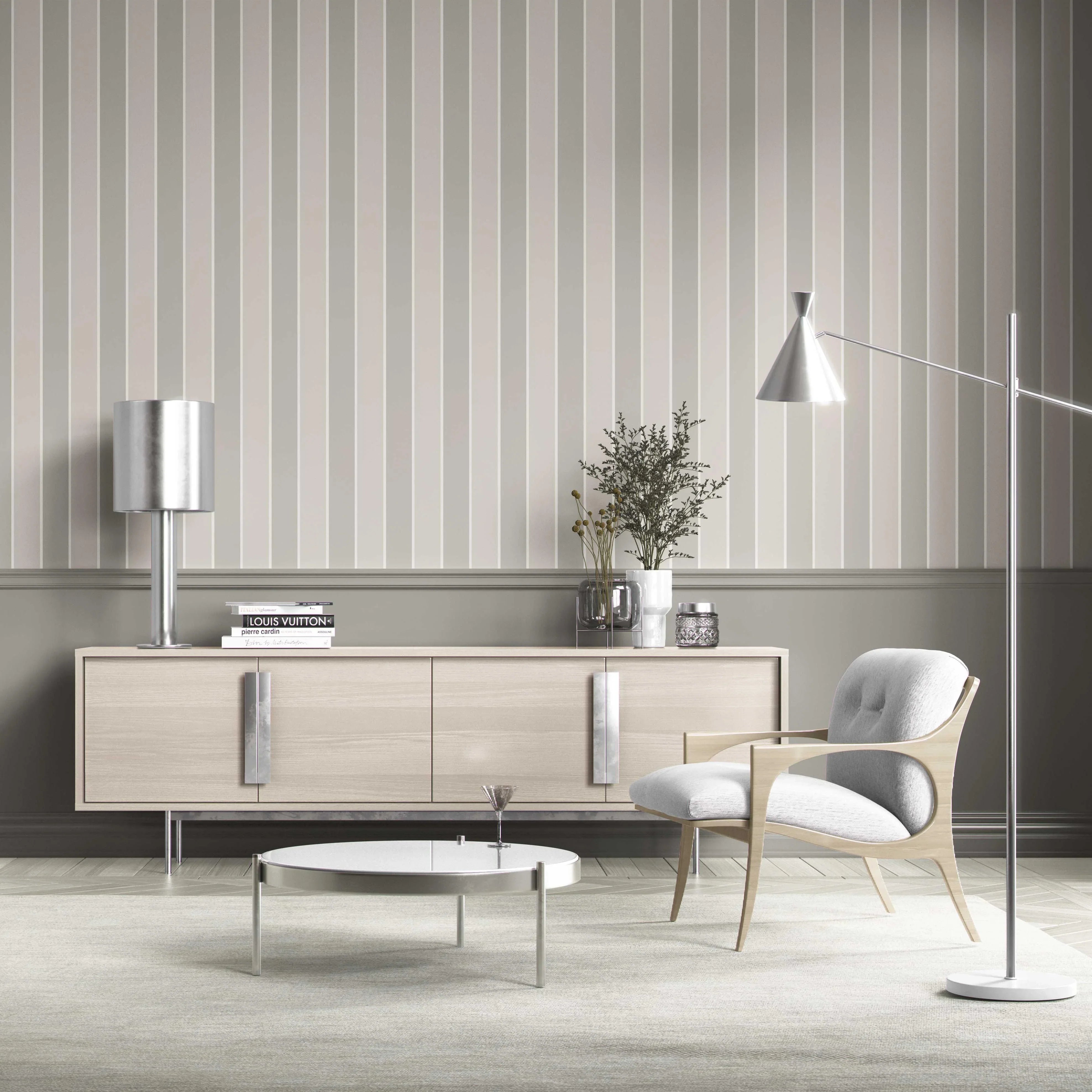 Neutral Geometric Striped Kitchen Wallpaper Sample (Grey/ Beige/ Taupe)