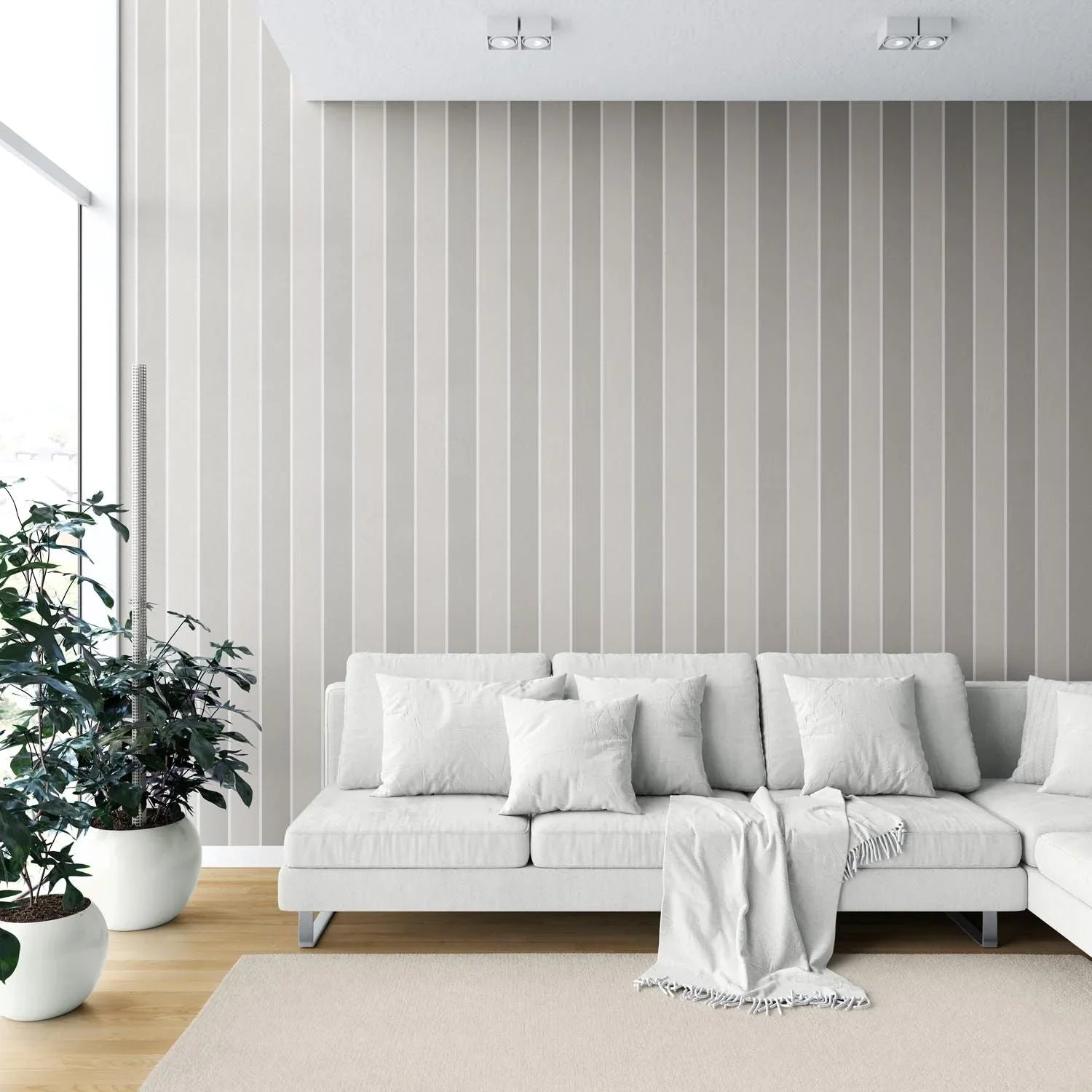 Neutral Geometric Striped Shower Toilet Wallpaper (Grey/ Beige/ Taupe)