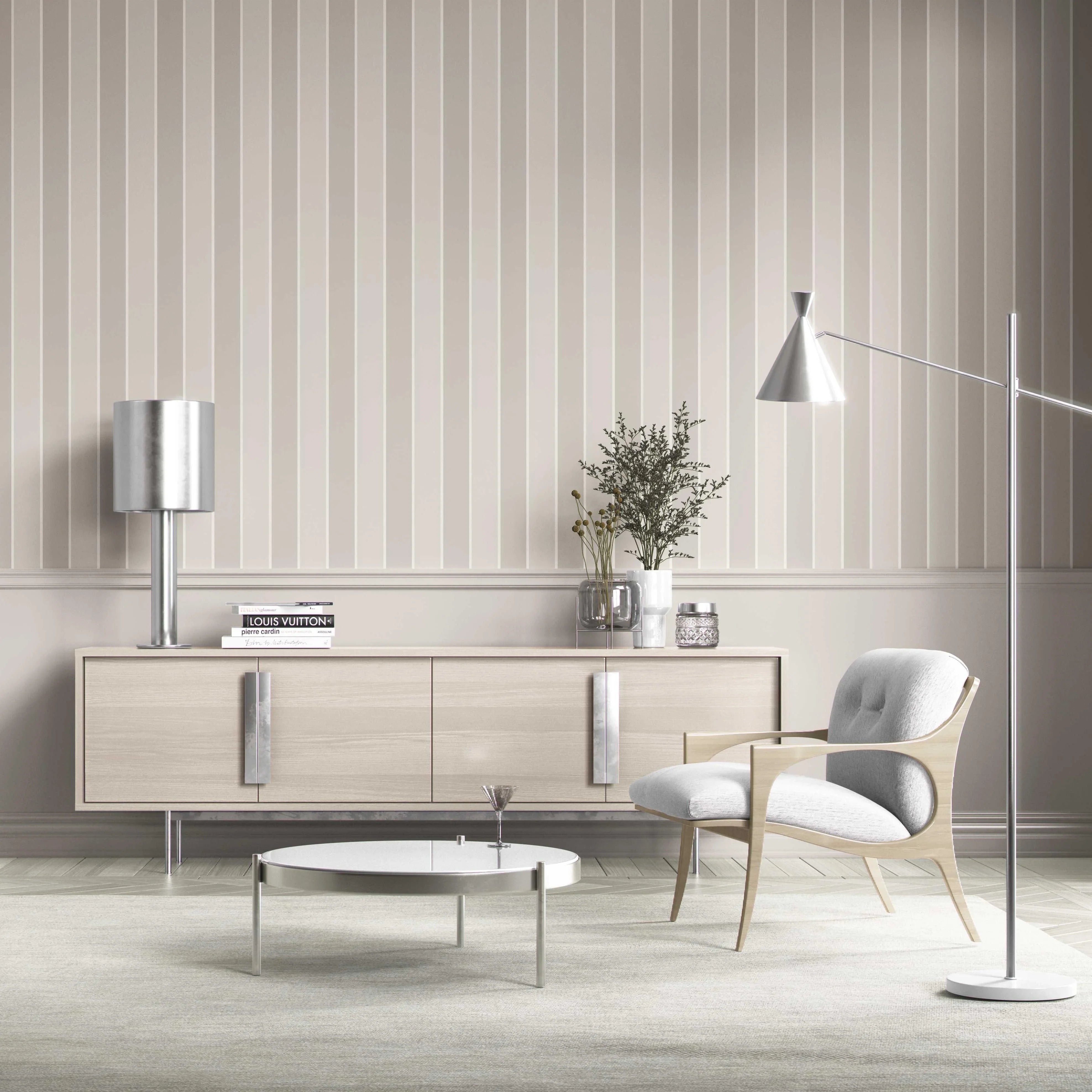 Neutral Geometric Striped Kitchen Wallpaper (Beige/ Greige/ Taupe)