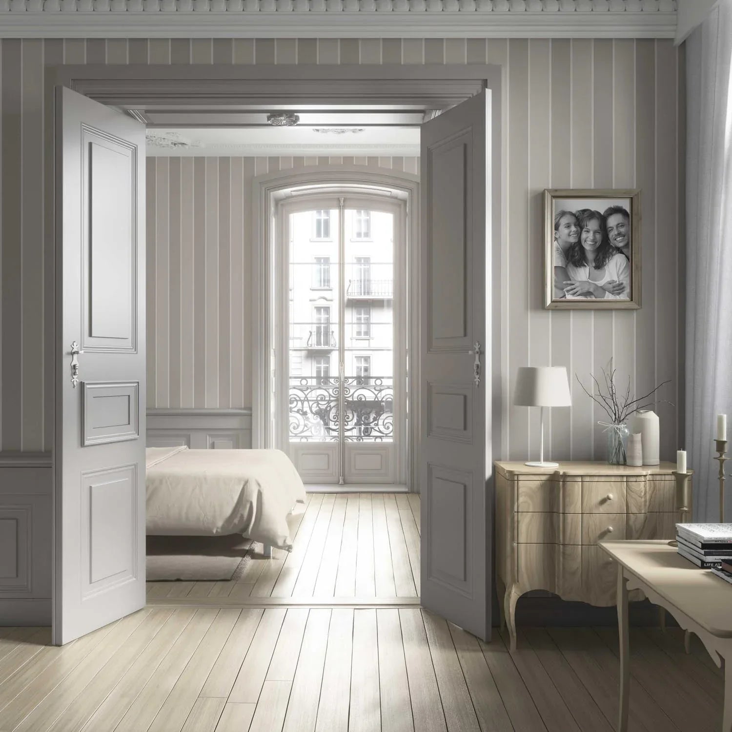 Neutral Geometric Striped Bathroom Wallpaper Sample (Beige/ Greige/ Taupe)