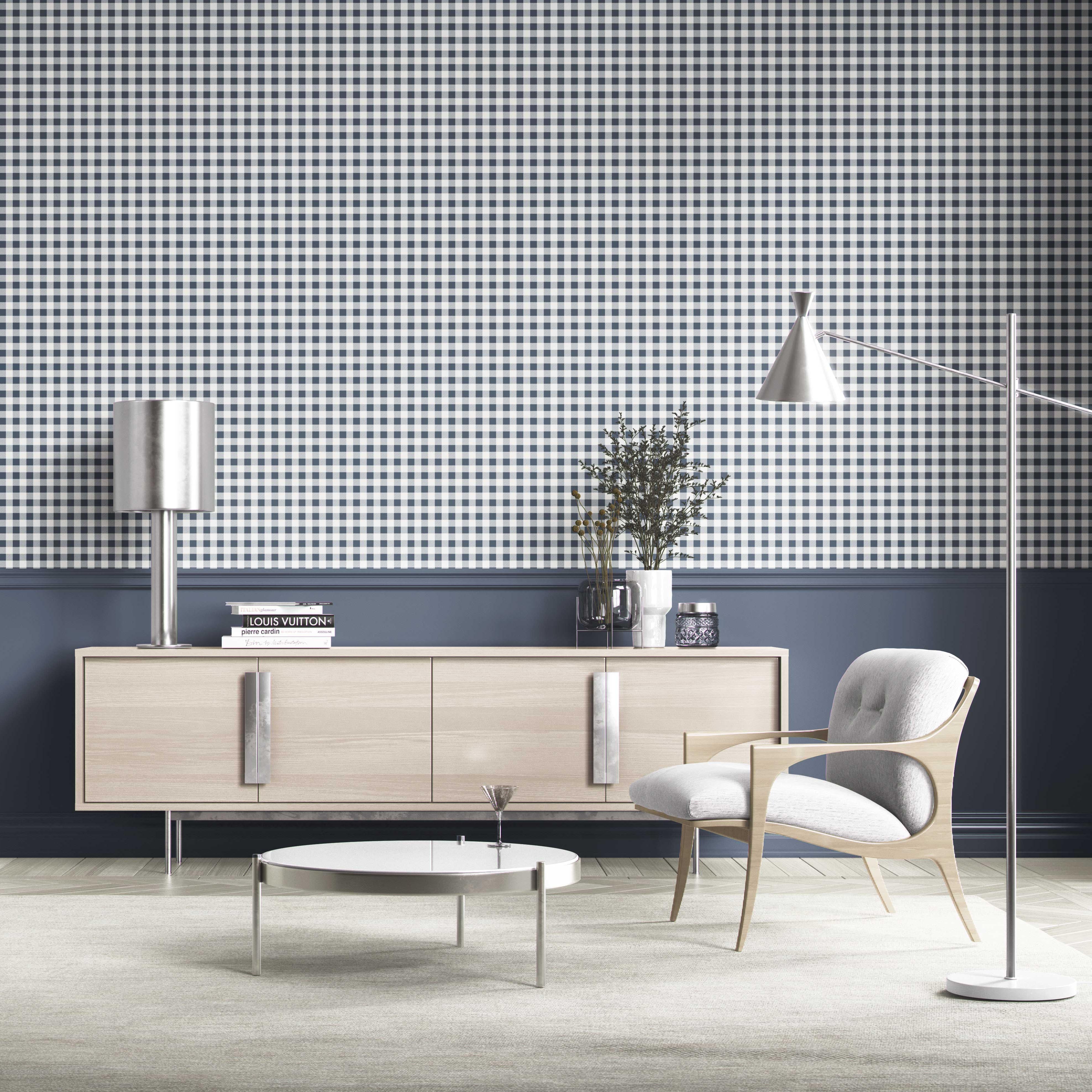 Gingham Checkered Living Room Wallpaper Sample (Navy Blue)