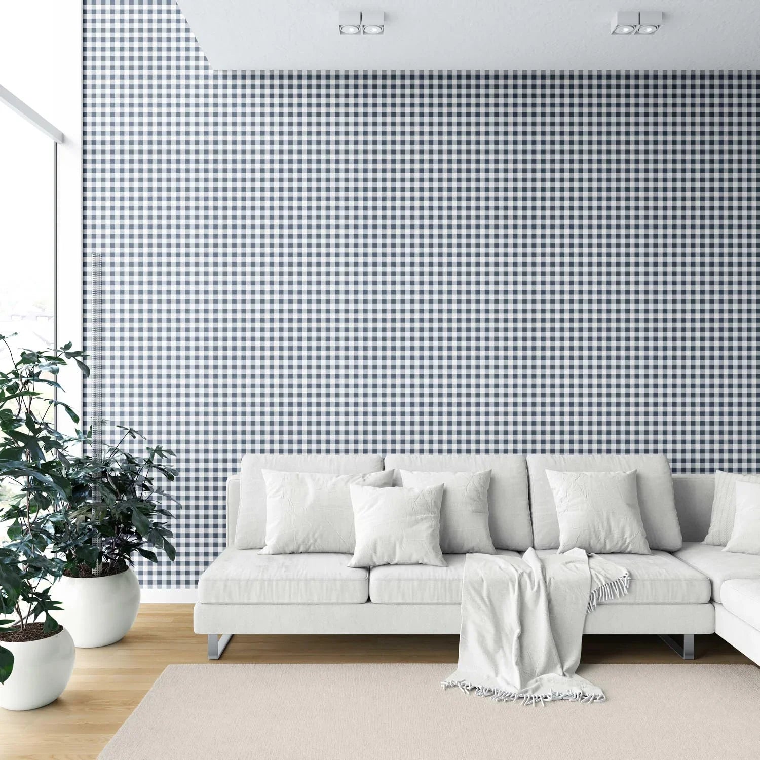 Gingham Checkered Shower Toilet Wallpaper Sample (Navy Blue)