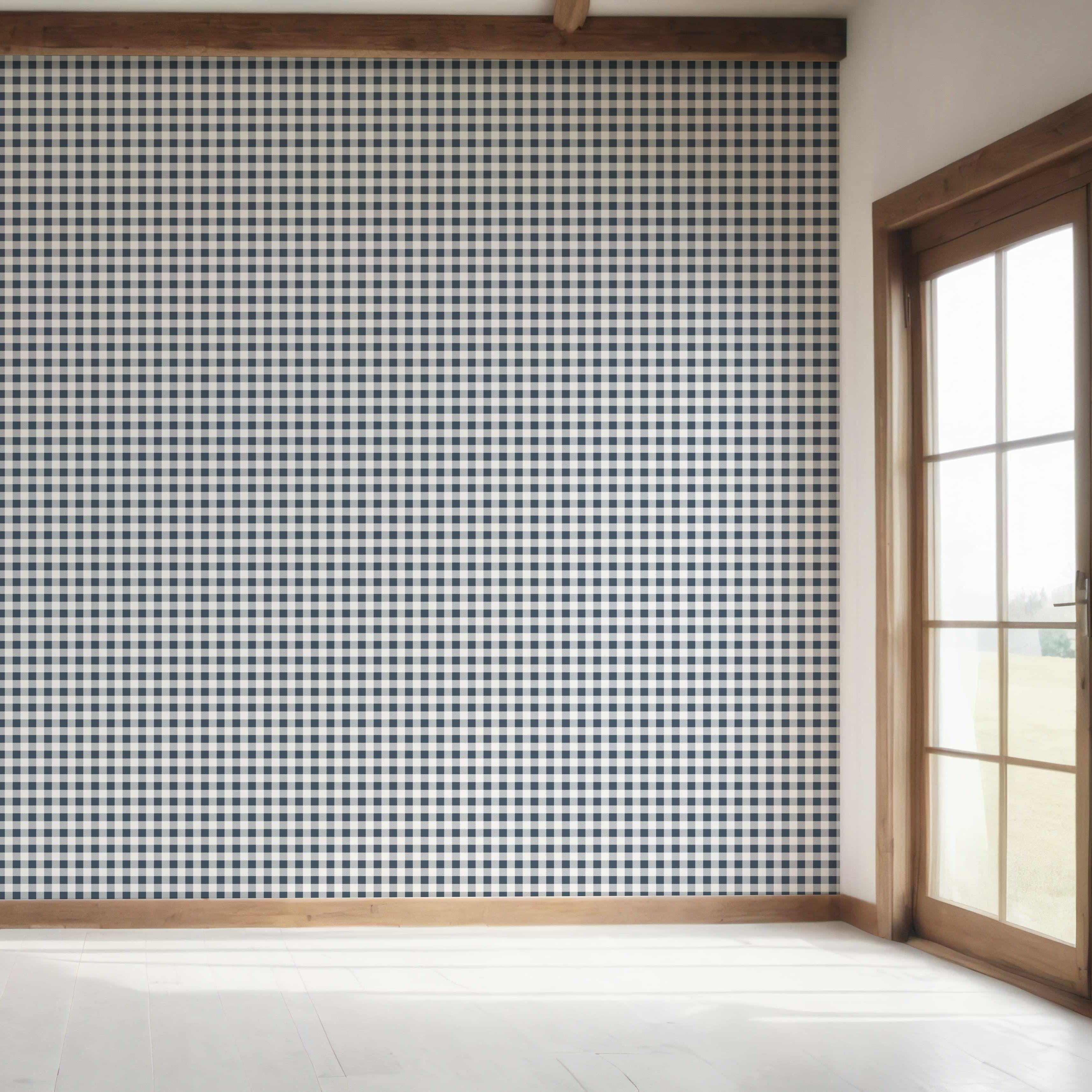 Gingham Checkered Bedroom Wallpaper Sample (Navy Blue)
