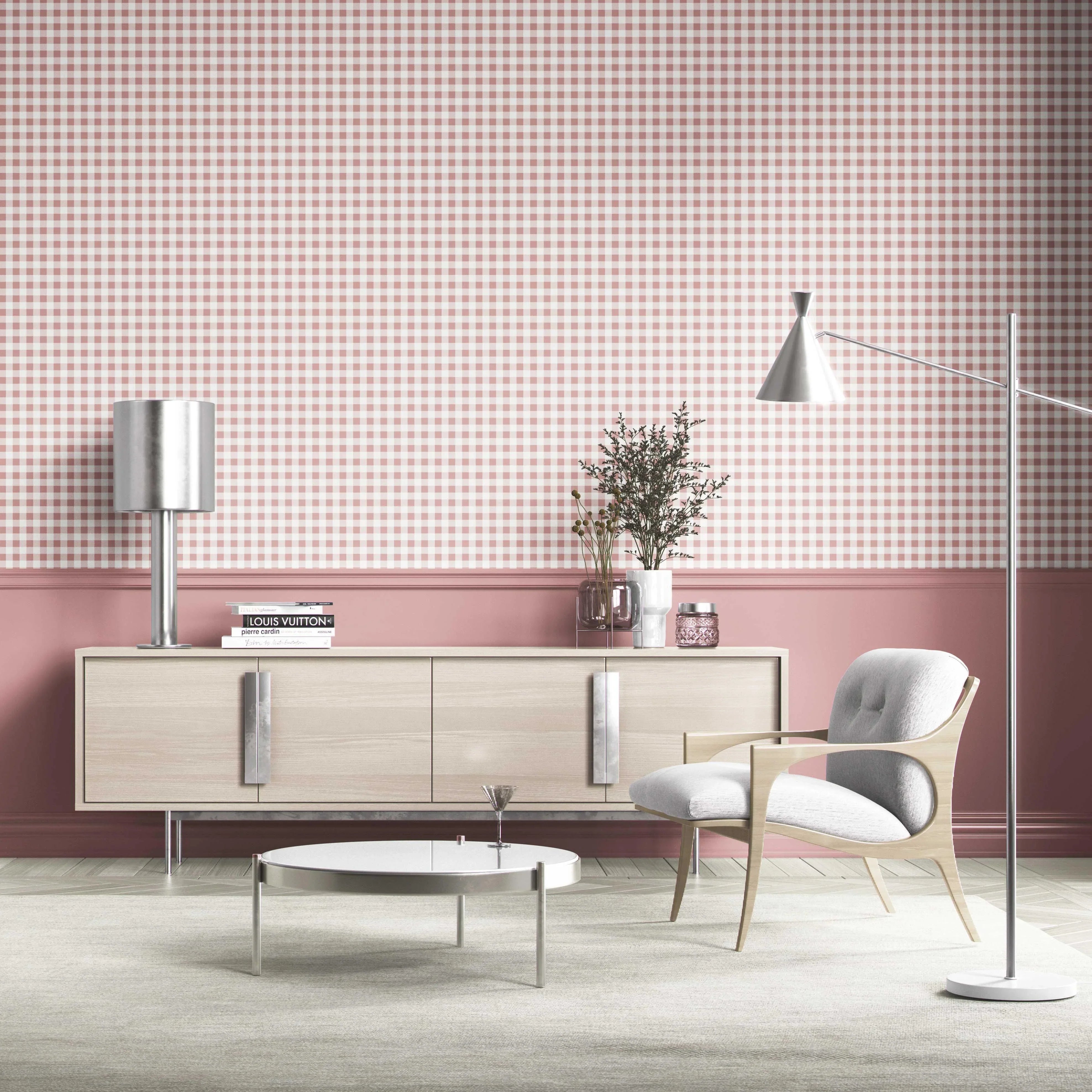 Gingham Checkered Living Room Wallpaper Sample (Pink)